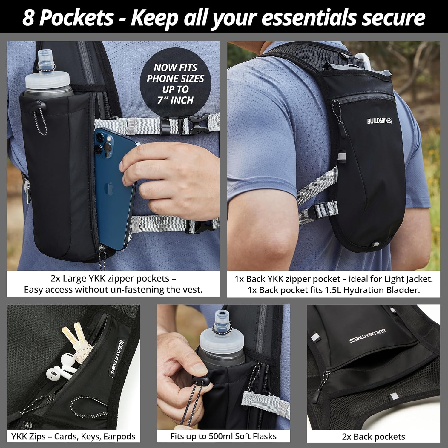 Gilet Idratante da Corsa Riflettente, 7 Tasche - immagine 3