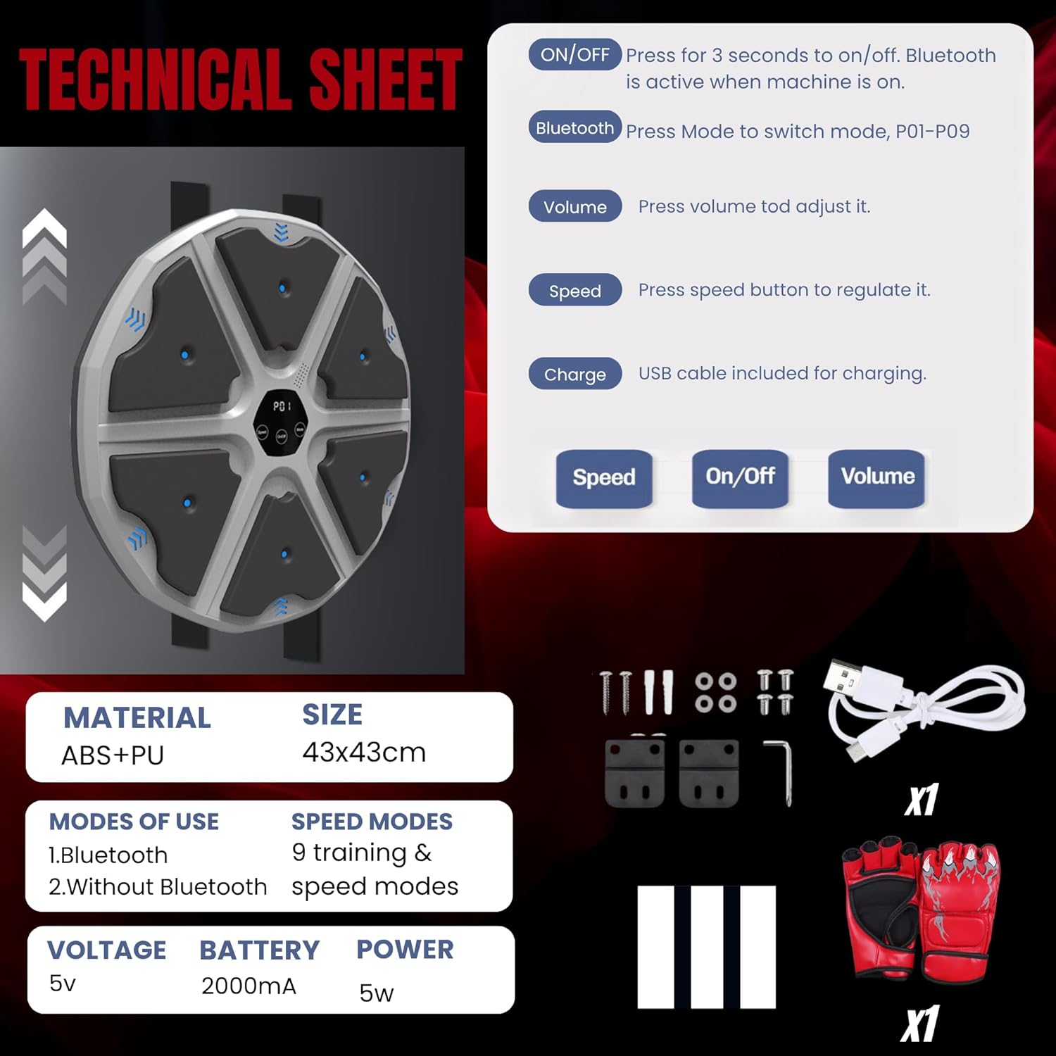 Macchina da Boxe Musicale con LED e Bluetooth 43x43 cm - immagine 5