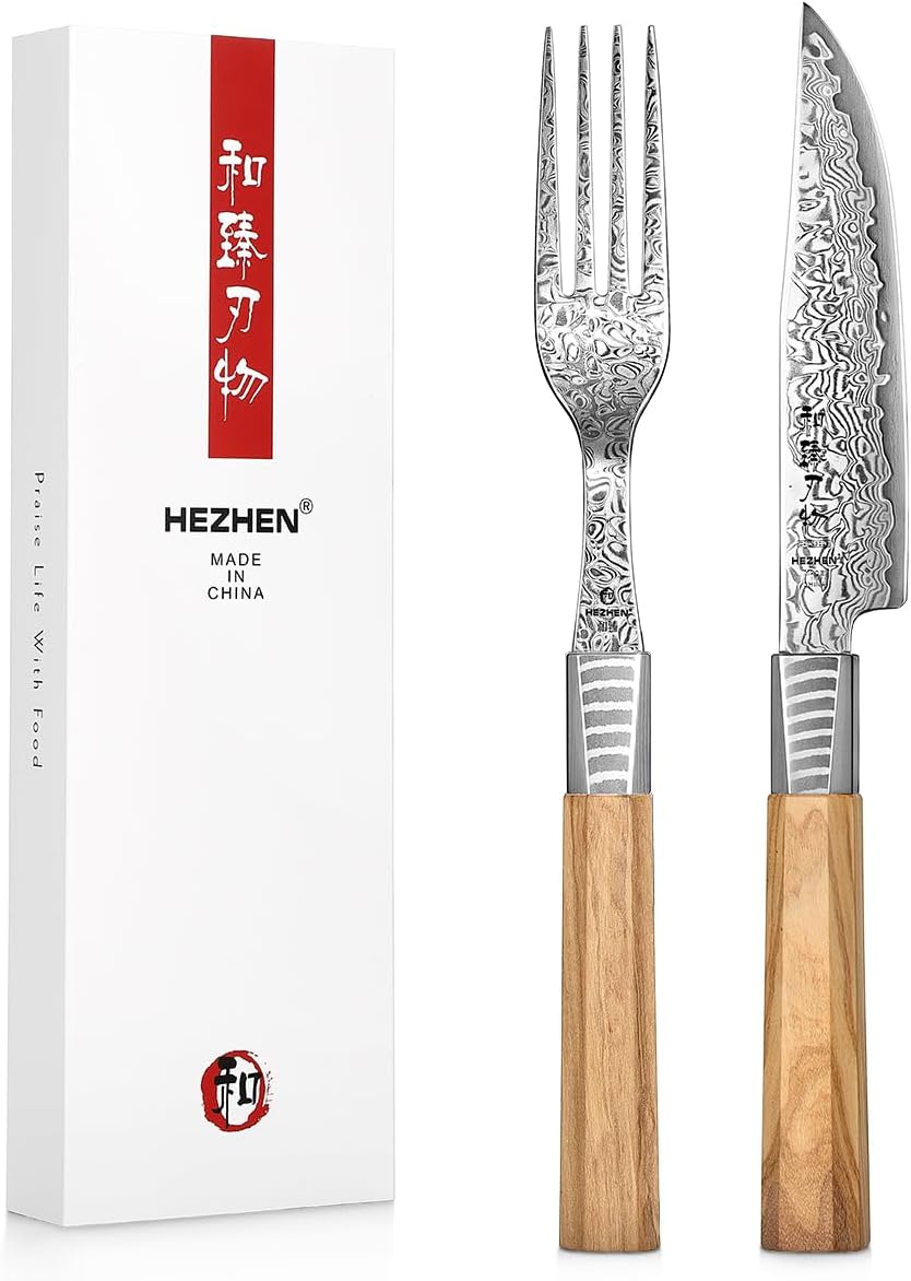 Hezhen Set Coltello e Forchetta Bistecca Damasco - immagine 1