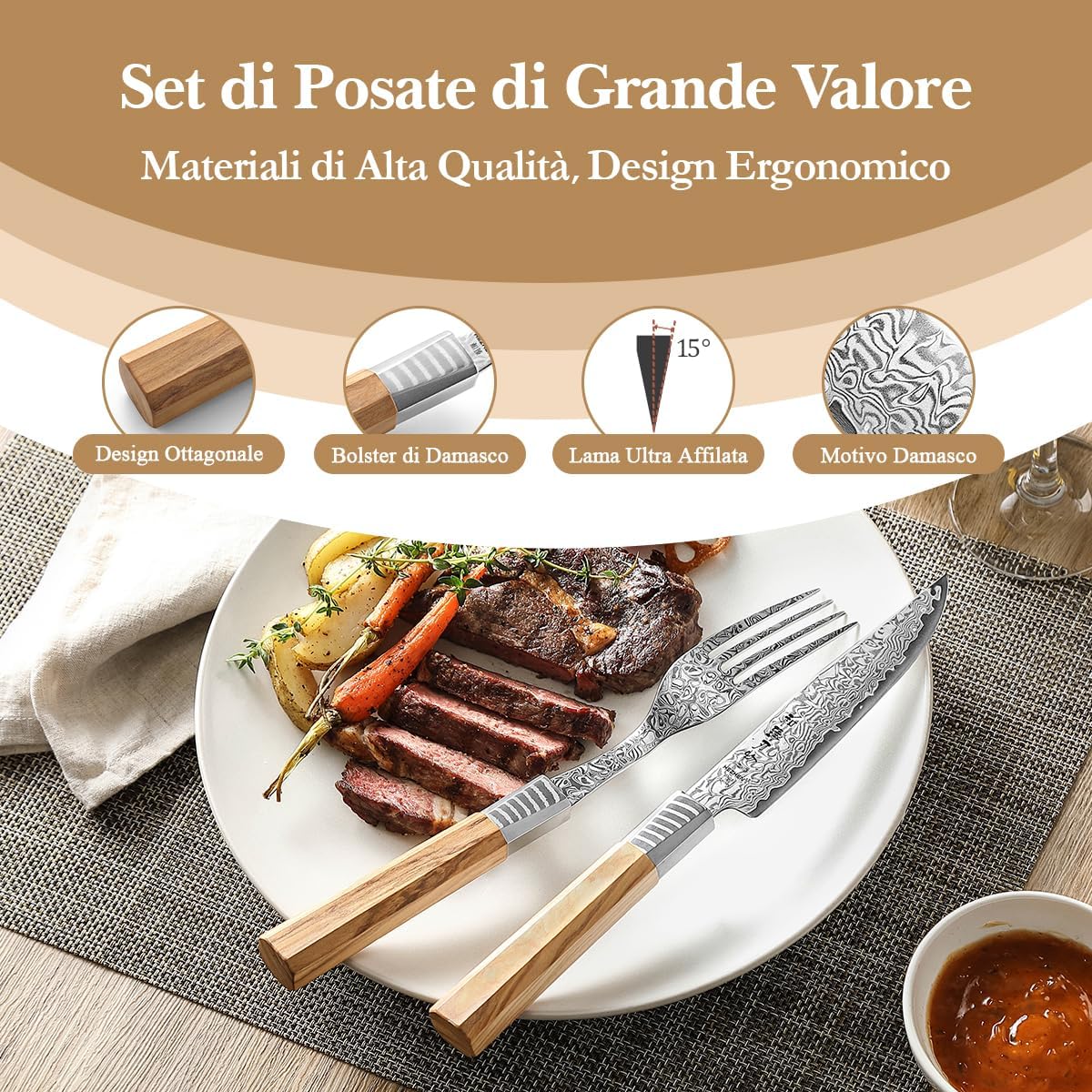 Hezhen Set Coltello e Forchetta Bistecca Damasco - immagine 4