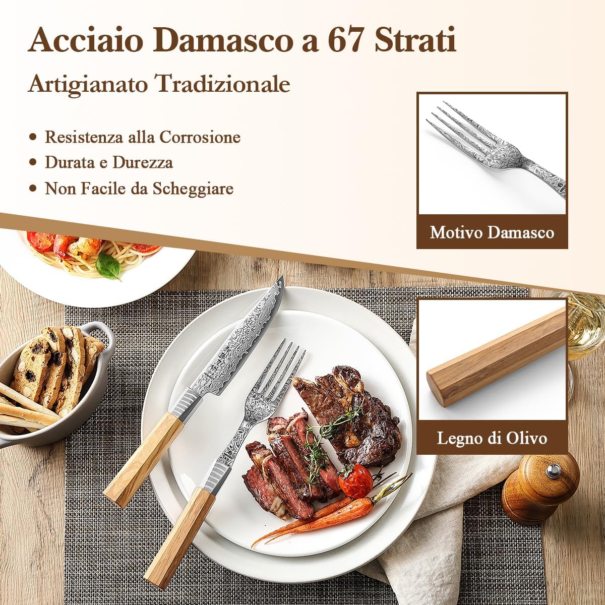 Hezhen Set Coltello e Forchetta Bistecca Damasco - immagine 6