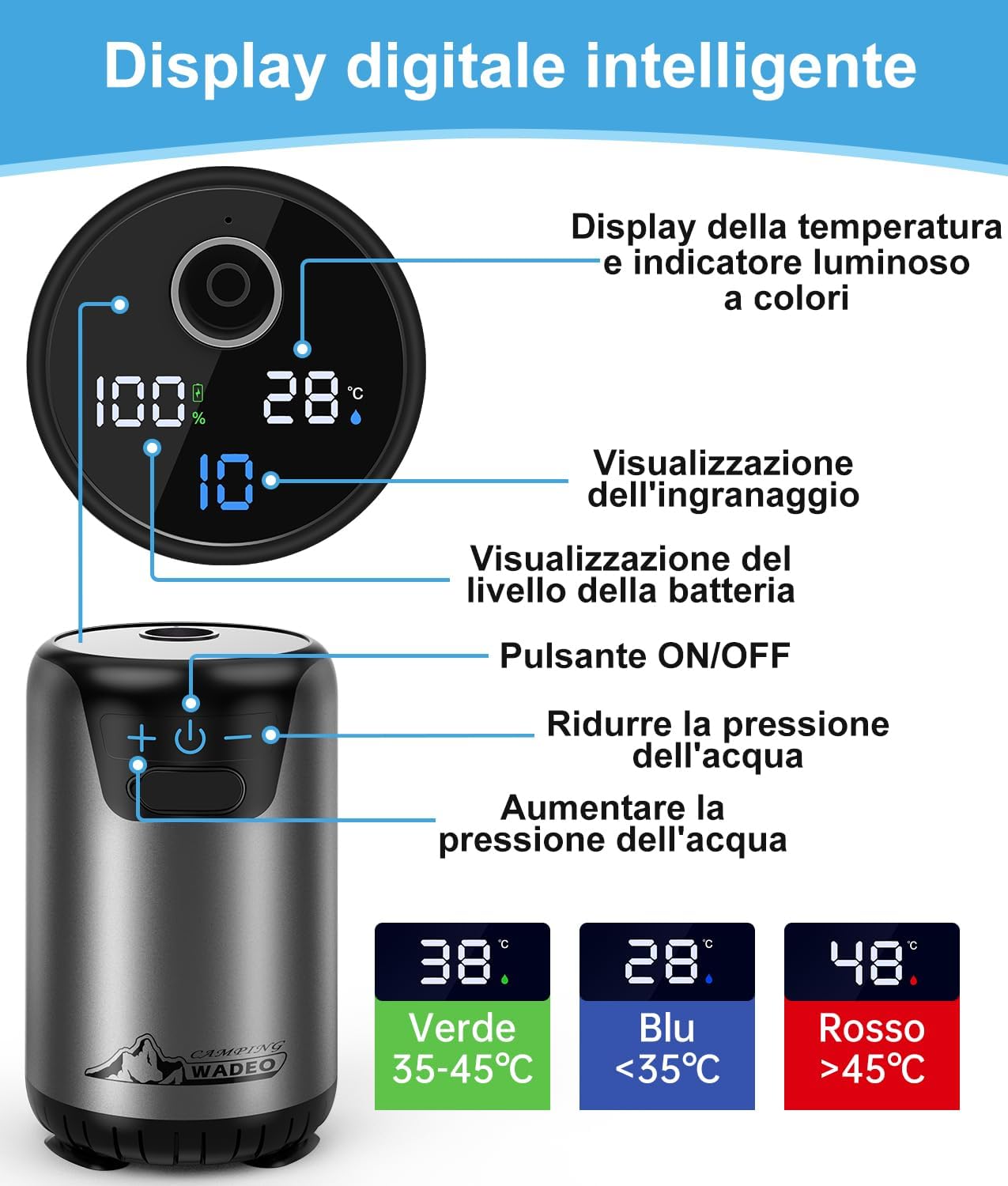 WADEO Doccia da Campeggio 6000 mAh con Display Digitale - immagine 3