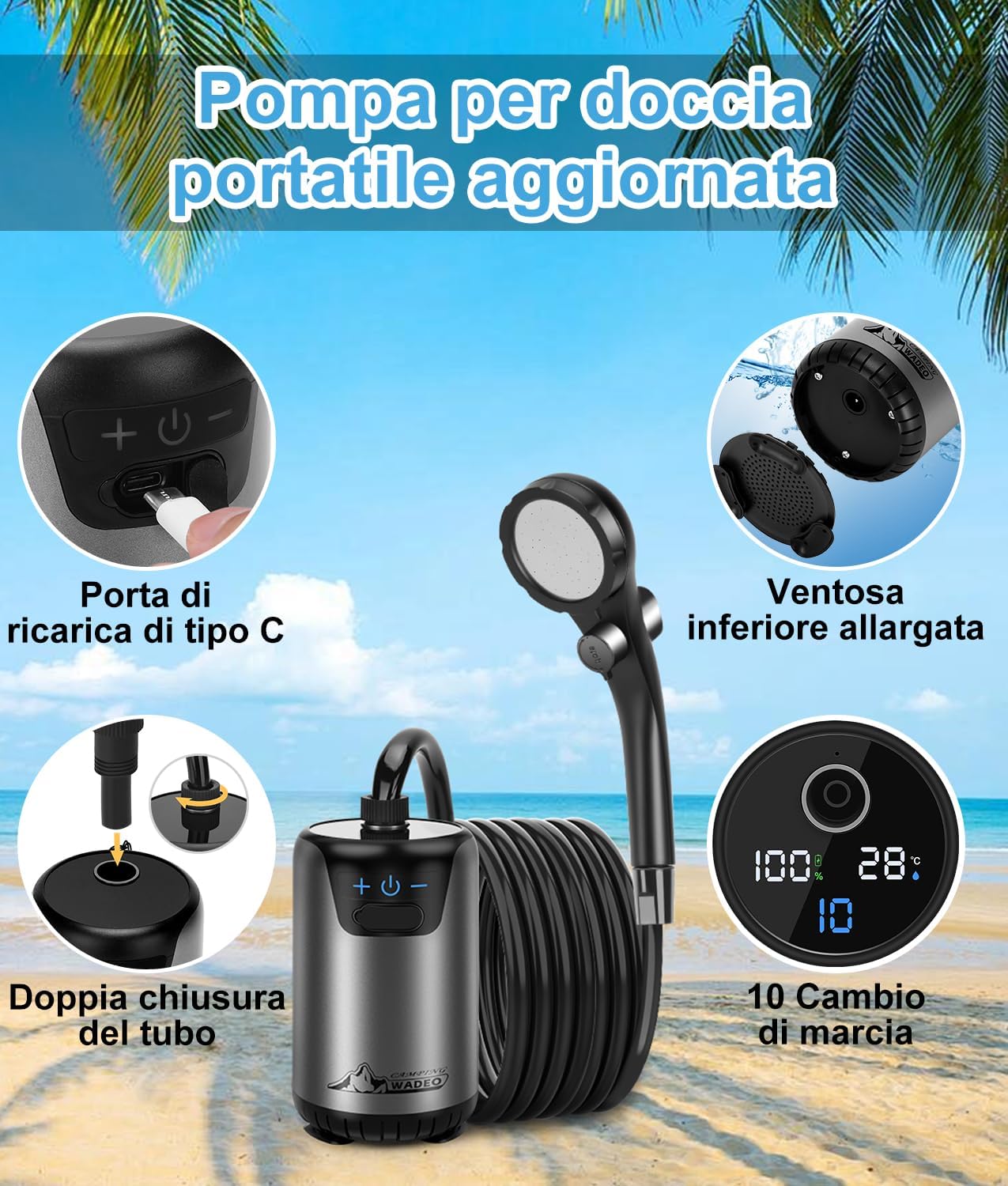 WADEO Doccia da Campeggio 6000 mAh con Display Digitale - immagine 5