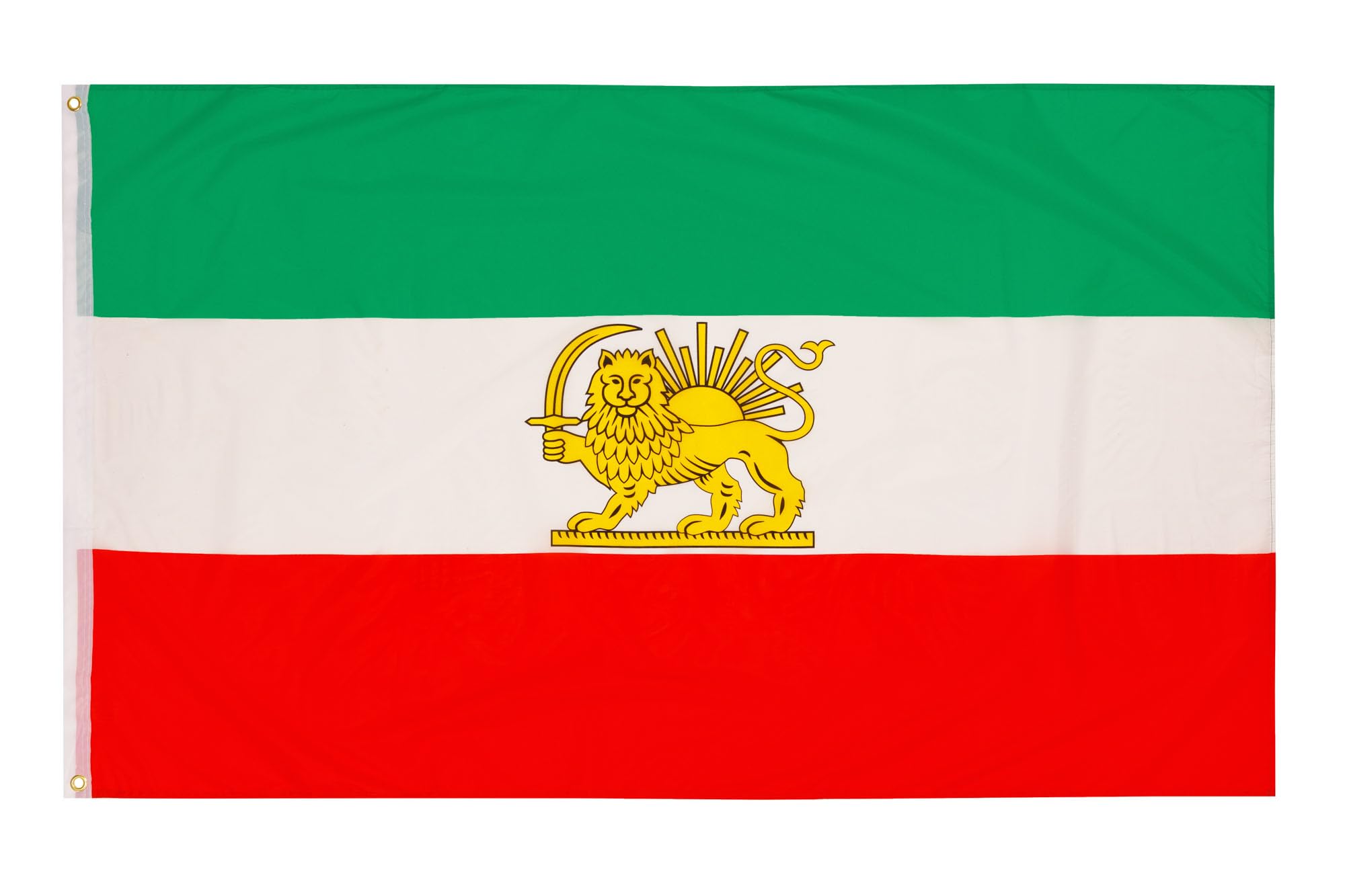 PHENO FLAGS Bandiera Iran 90x150cm – iraniana con lo stemma del leone – resistente alle intemperie con occhielli in ottone - 100% poliestere - cuciture doppie robuste e colori vivaci