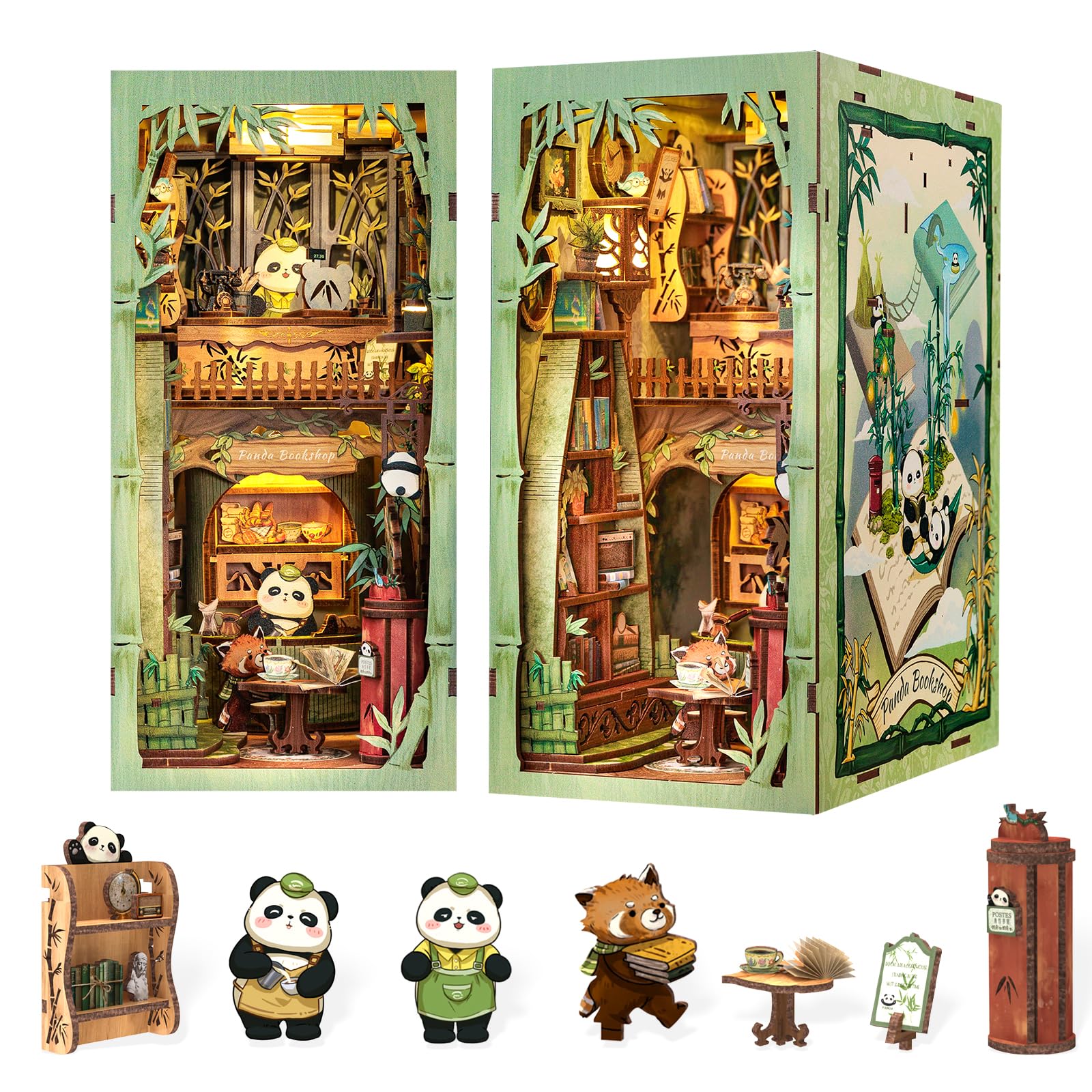 Fsolis Book Nook Kit Fai-da-te Panda Bookshop con LED