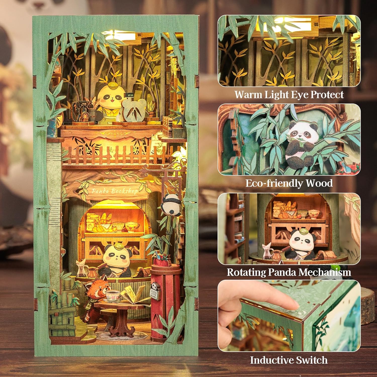 Fsolis Book Nook Kit Fai-da-te Panda Bookshop con LED - immagine 4