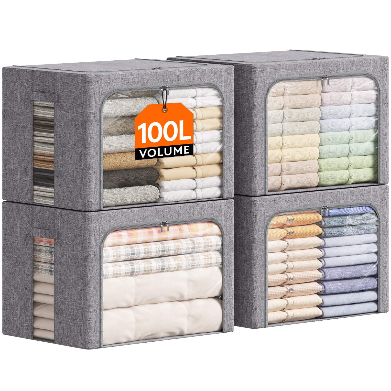 Lifewit 4 Scatole Armadio Rigide con Cerniera 100L Grigio