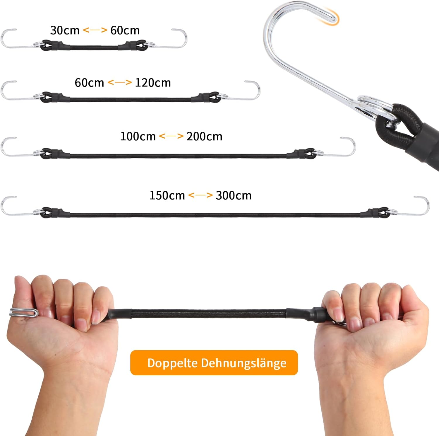 Corda Elastica con Gancio 150cm - 4 Pezzi, Nero - immagine 5