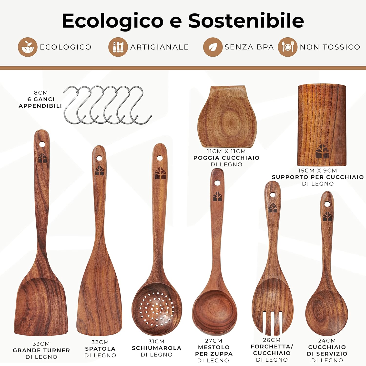 Set Mestoli in Legno per Cucina - 13 Pezzi - immagine 4