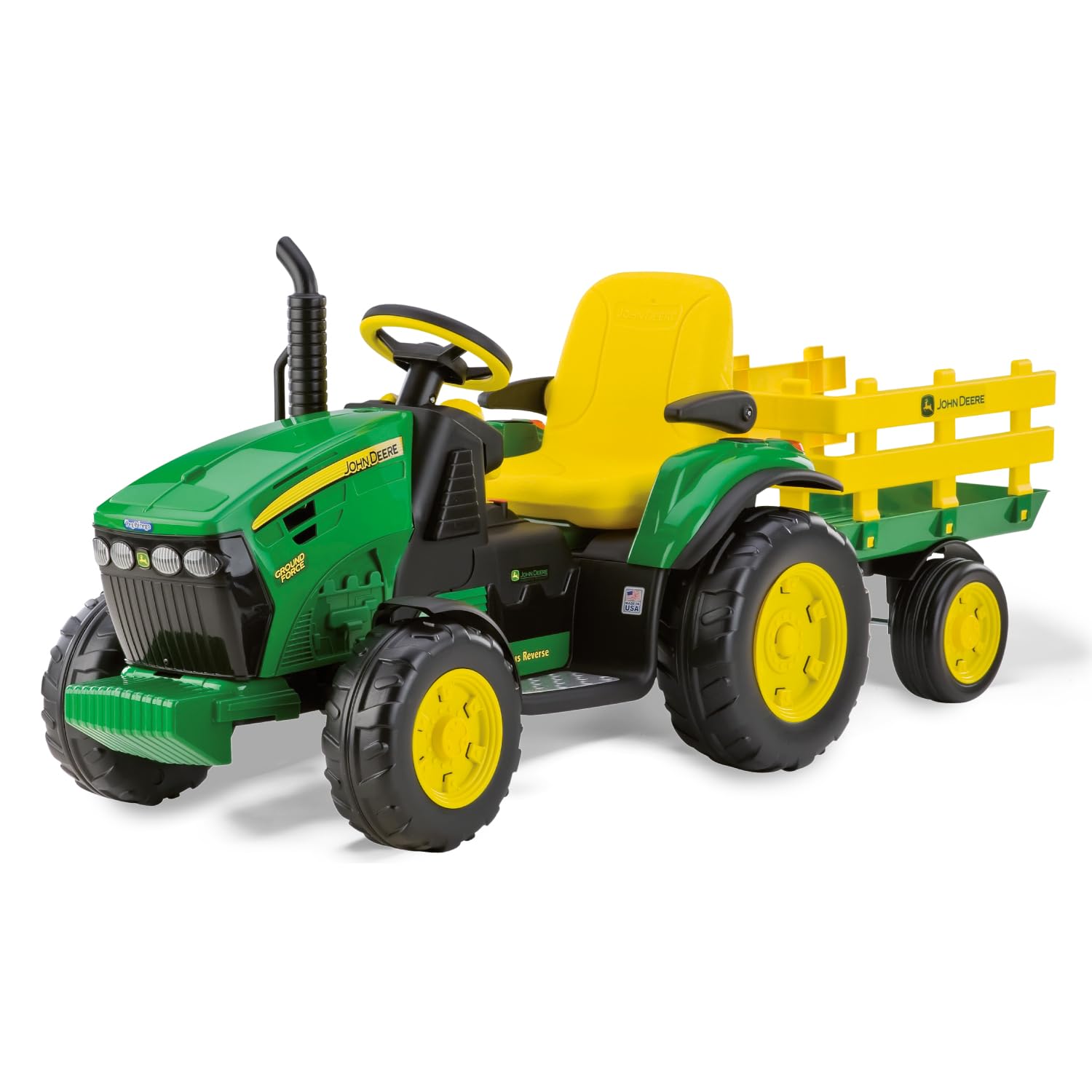 Peg Perego John Deere Ground Force - Trattore Elettrico Cavalcabile per Bambini 3+ Anni con Batteria Ricaricabile 12V, Rimorchio Incluso e Radio FM