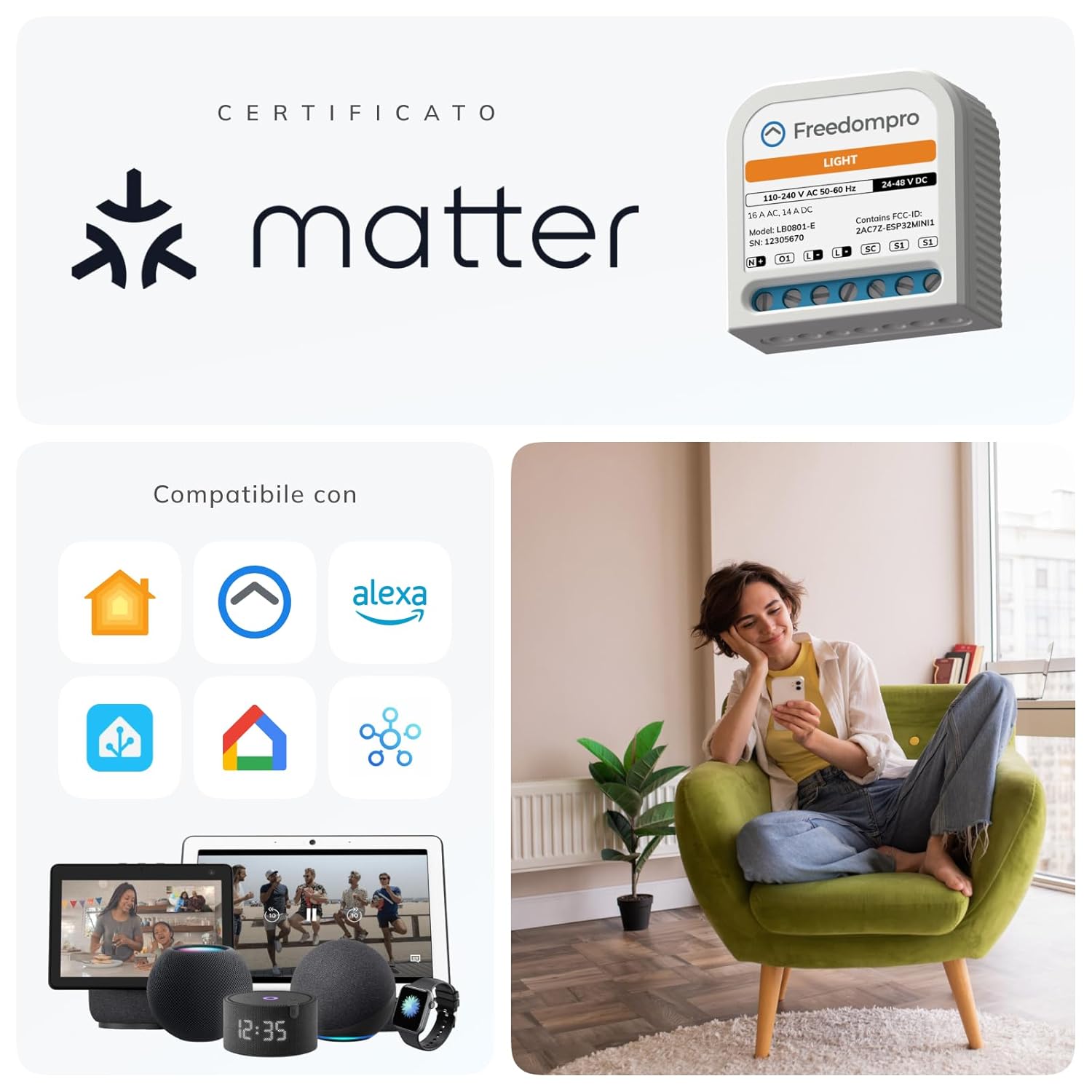 Freedompro MINI Luce Smart LB0801-E, Interruttore Relé WiFi per comandare 1 Luce, Compatibile con Apple HomeKit, Matter, Alexa, Google Home, Monitora i Consumi, 110-240V, 16A, Dispositivo da Incasso - immagine 4