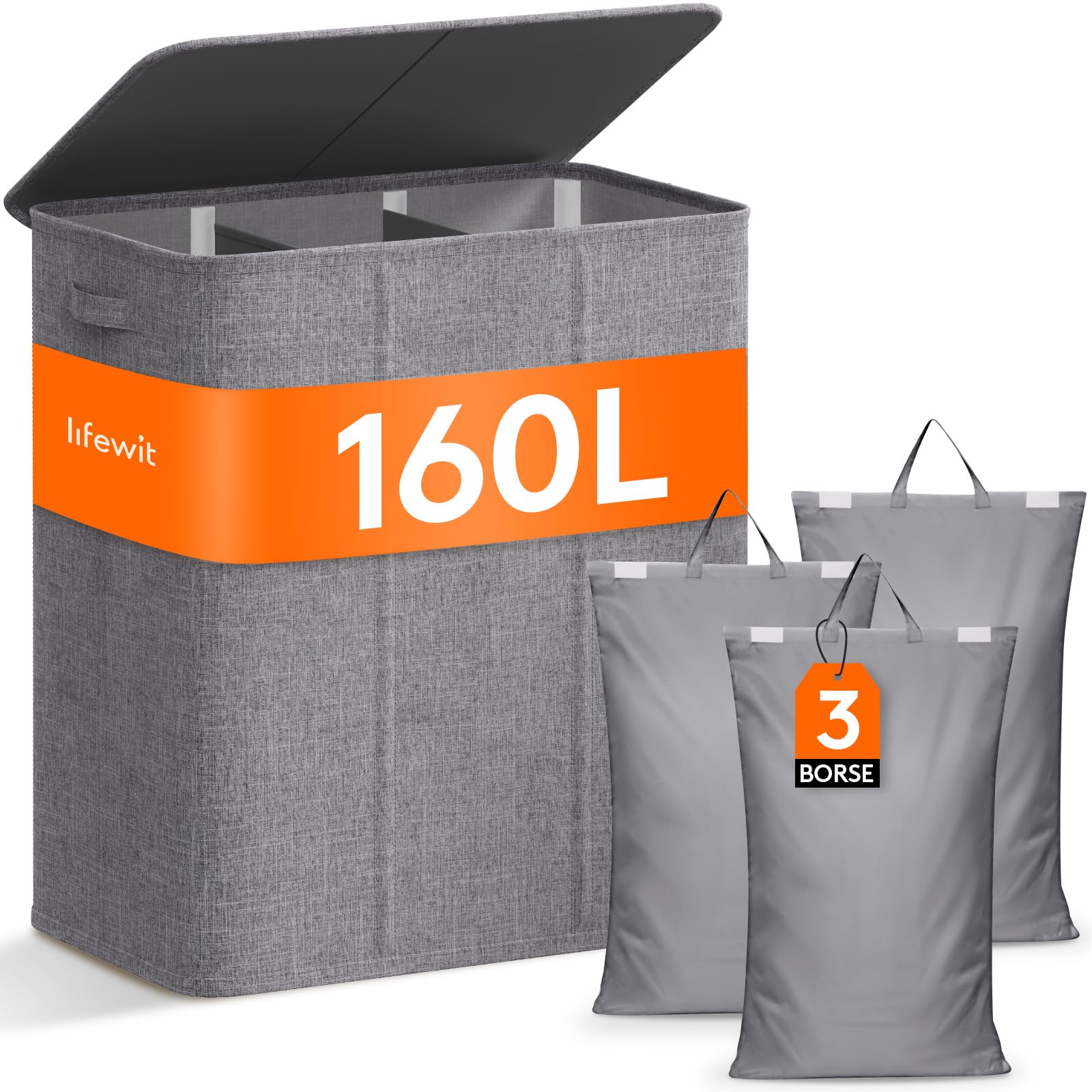 Lifewit Cesto Portabiancheria 160L a 3 Scomparti, Grigio Chiaro