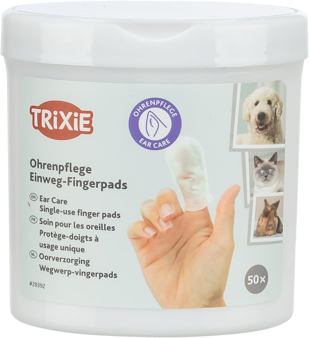 TRIXIE Orecchie cura fingerpads monouso - tamponi detergenti per cani, gatti e piccoli animali - con aloe vera e amamelide - cura delicata delle orecchie - 50 pezzi