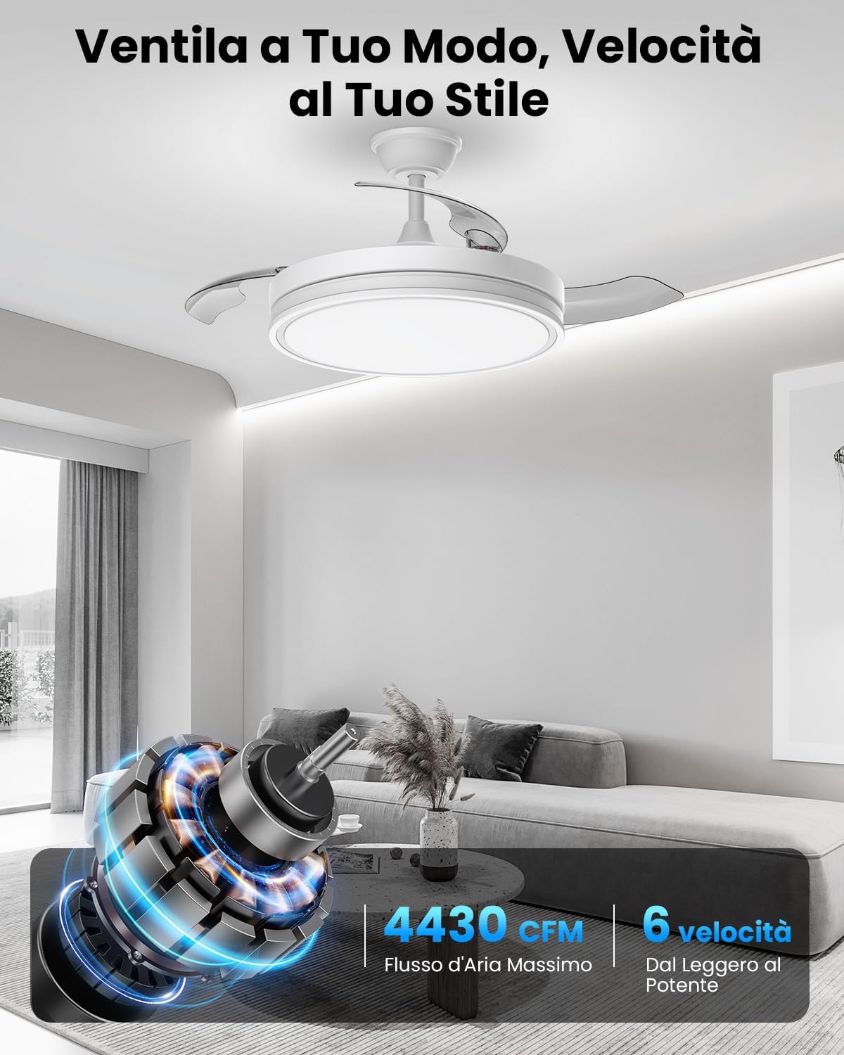 Airwit Ventilatore da Soffitto con Luce 106cm, Bianco Pro - immagine 4