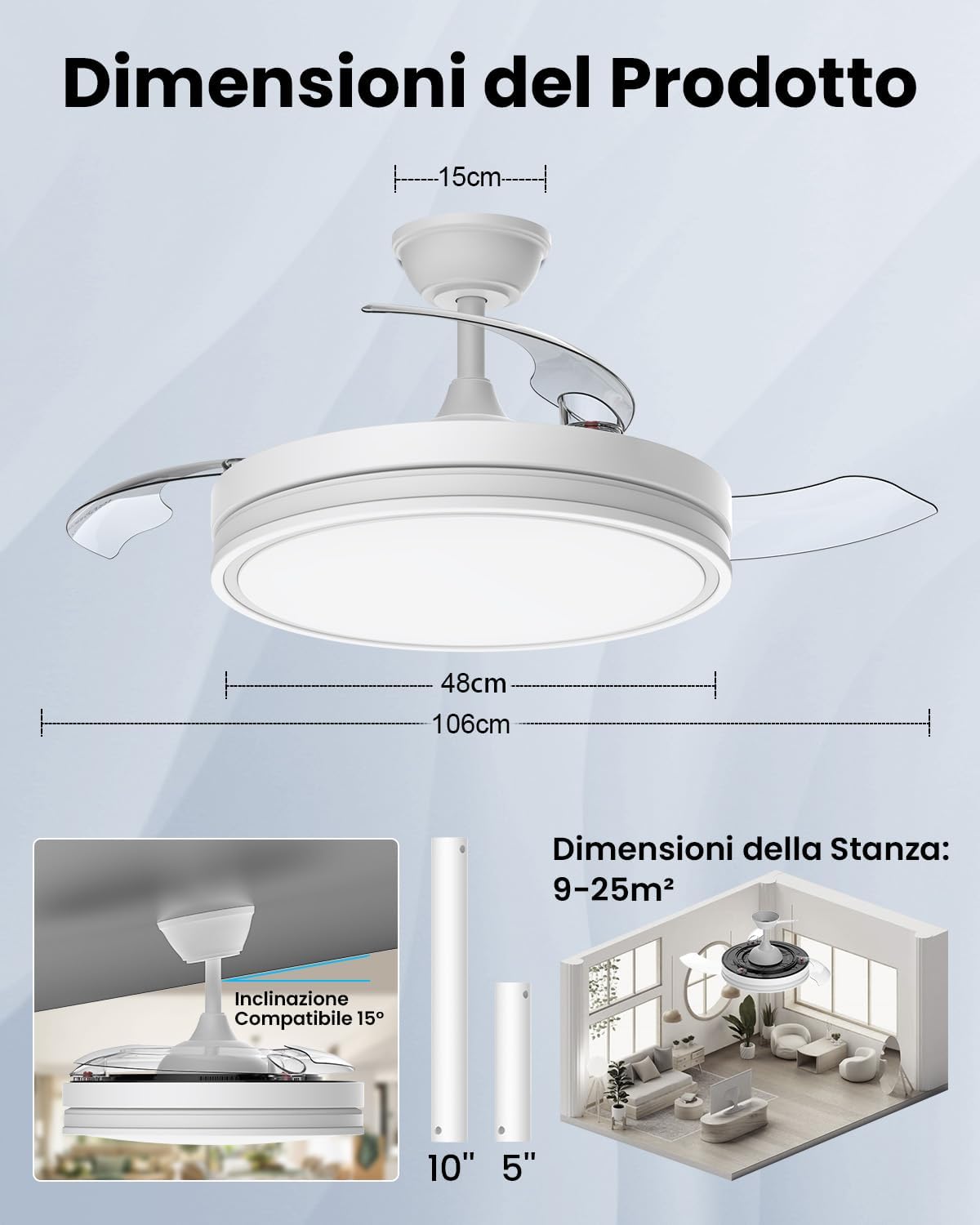 Airwit Ventilatore da Soffitto con Luce 106cm, Bianco Pro - immagine 7