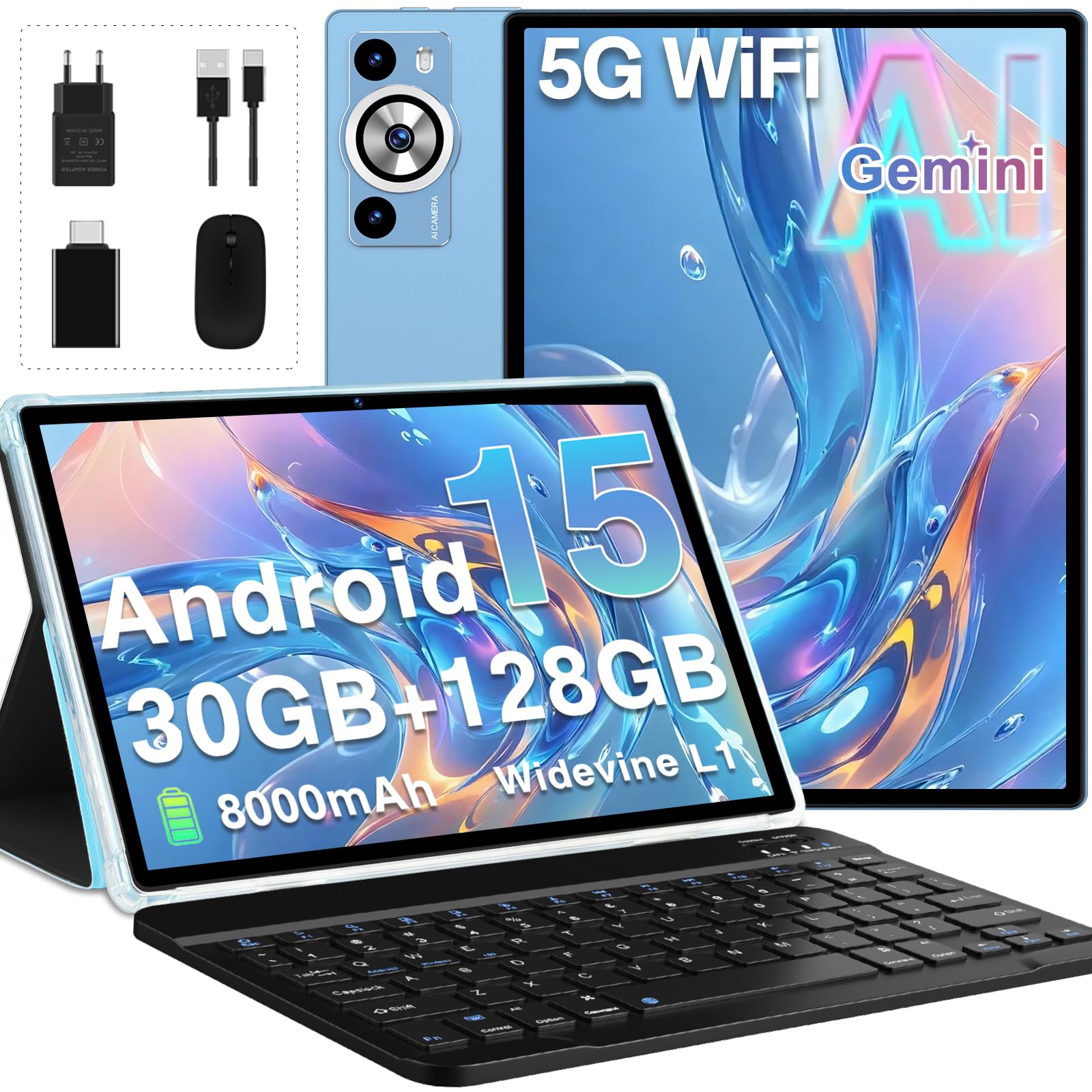 Tablet Android 15 Gemini AI 10" con Tastiera e Mouse - Blu