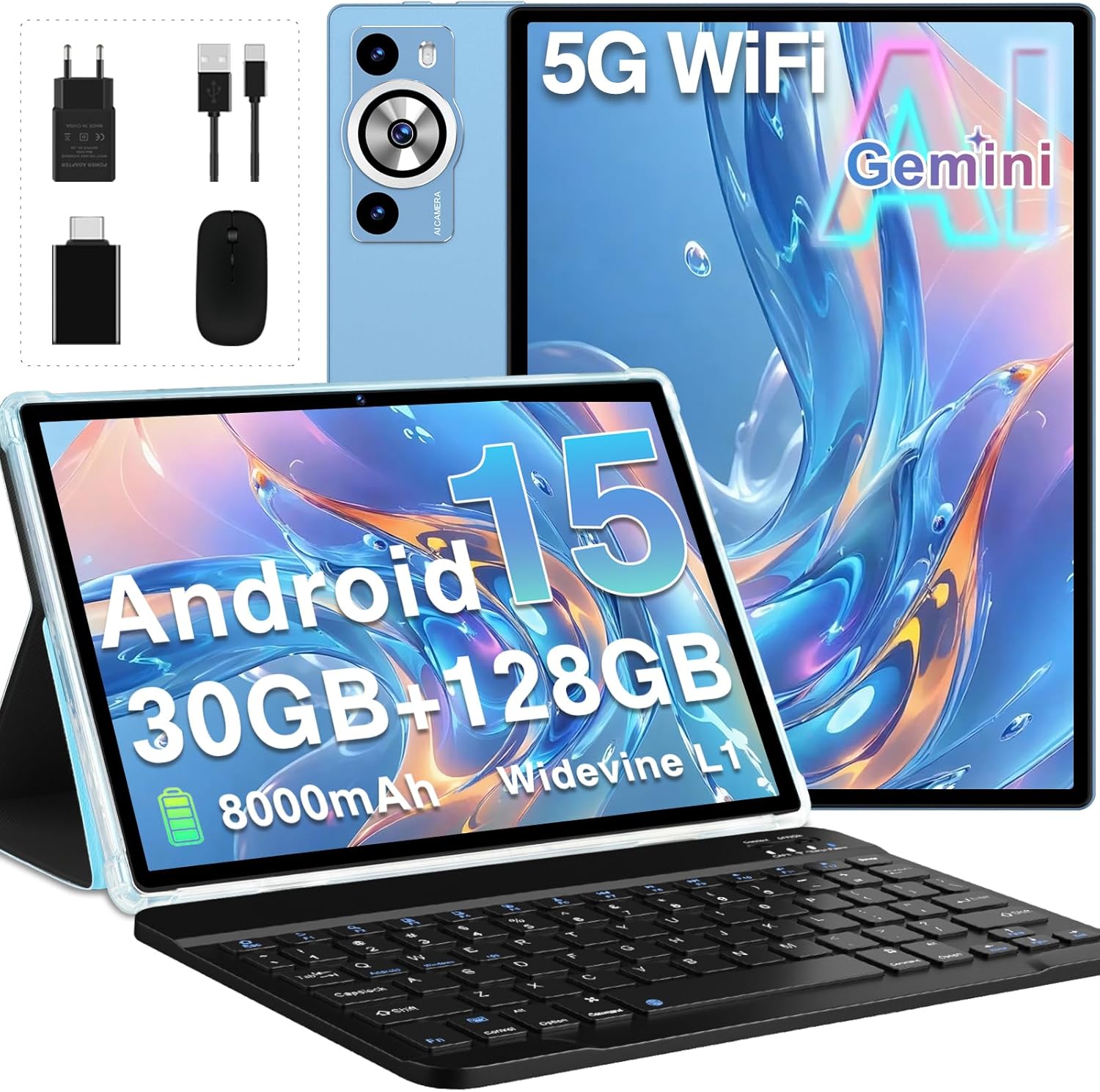 Tablet Android 15 Gemini AI 10" con Tastiera e Mouse - Blu - immagine 1