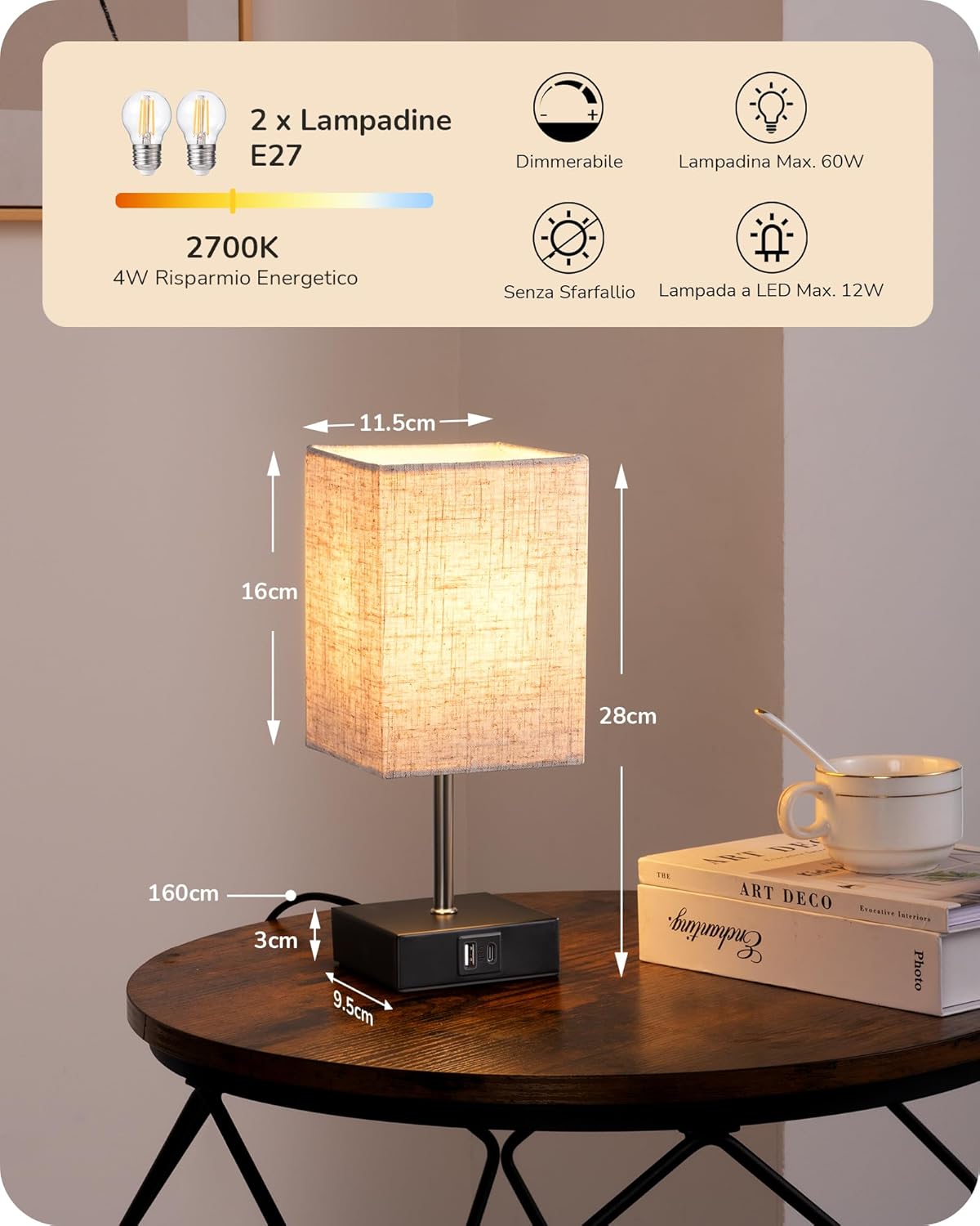 Edishine Lampade da Comodino Touch Set 2 con USB - immagine 4