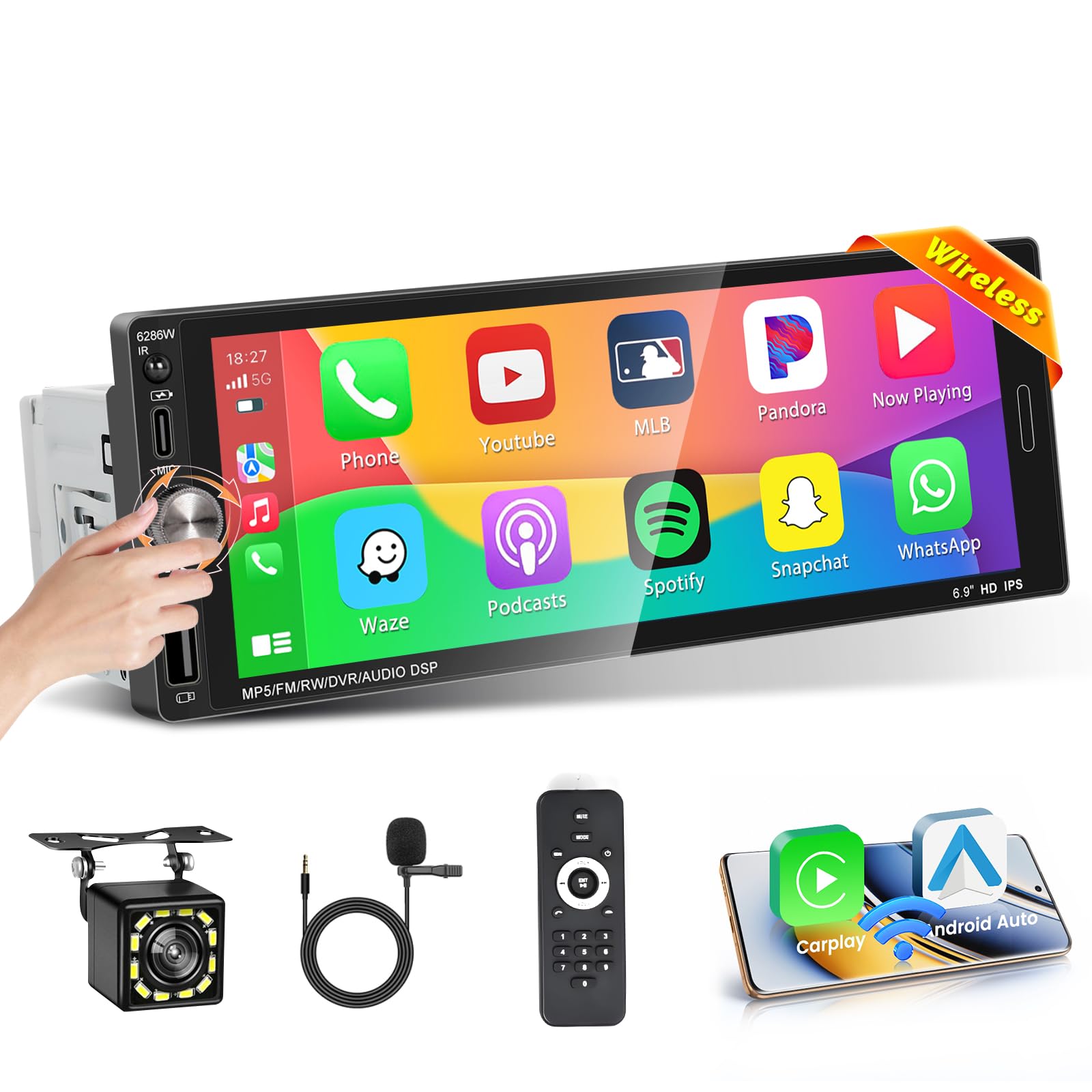 Autoradio 1 Din con CarPlay e Android Auto Wireless