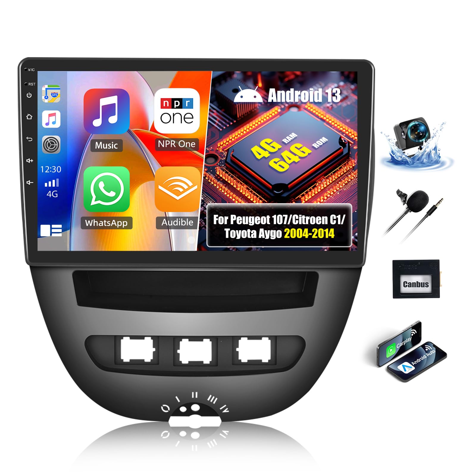 Oiliehu Autoradio Android 13 10.1" per Peugeot 107/Citroen C1/Toyota Aygo