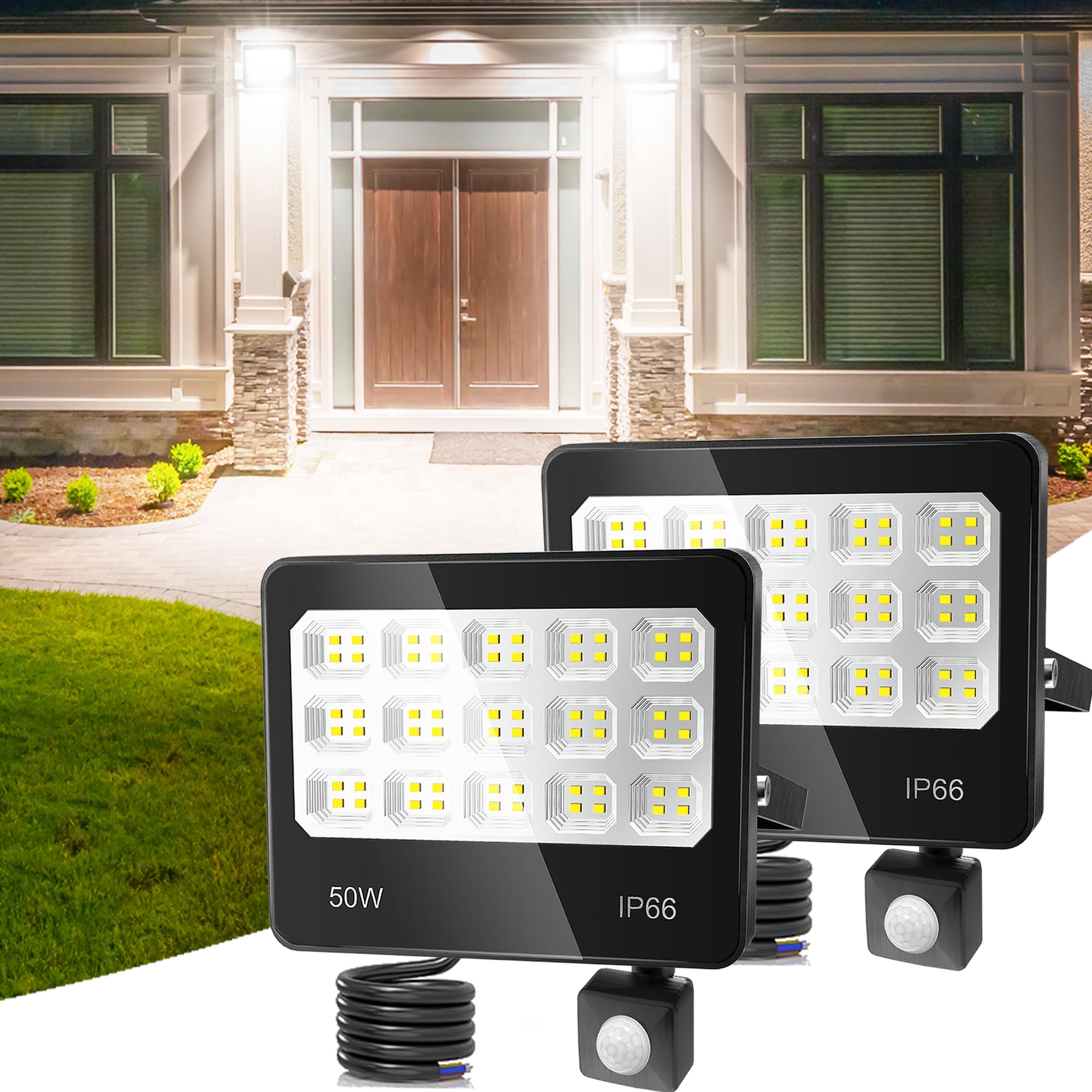 Faretto Led da Esterno con Sensore di Movimento, 2 Pezzi 50W 5000LM Faro Led Esterno 6500K Bianca Fredda, IP66 Impermeabile Faretto con Sensore di Movimento per Garage Giardino Terrazza