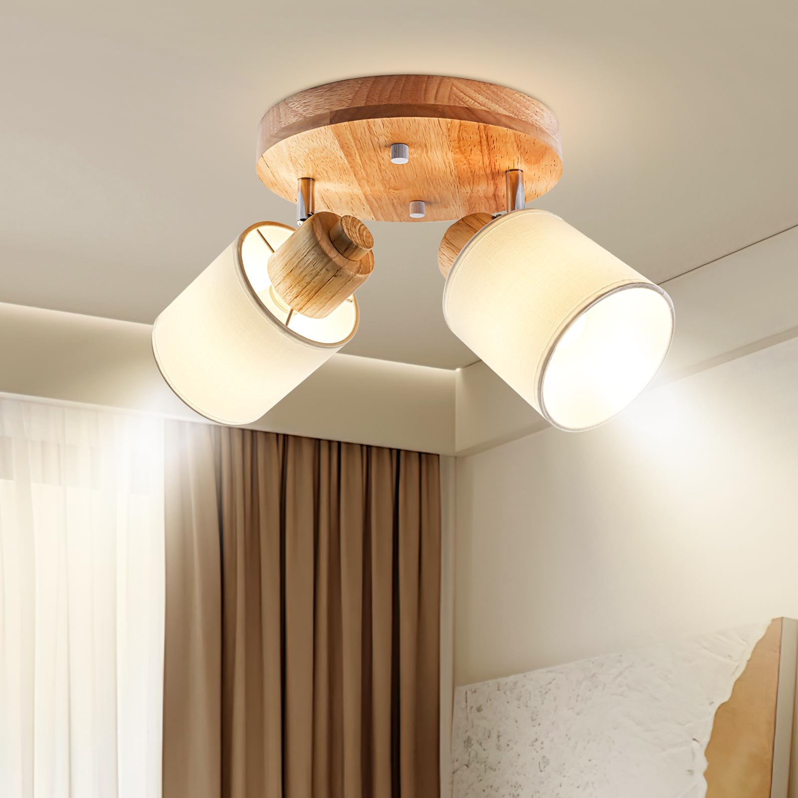 Doughelec Plafoniera 2 Faretti Rotonda E14, Legno