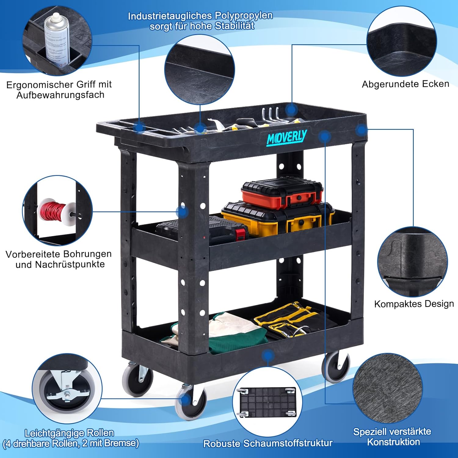 Carrello Arrotolabile a 3 Livelli, Nero - immagine 3