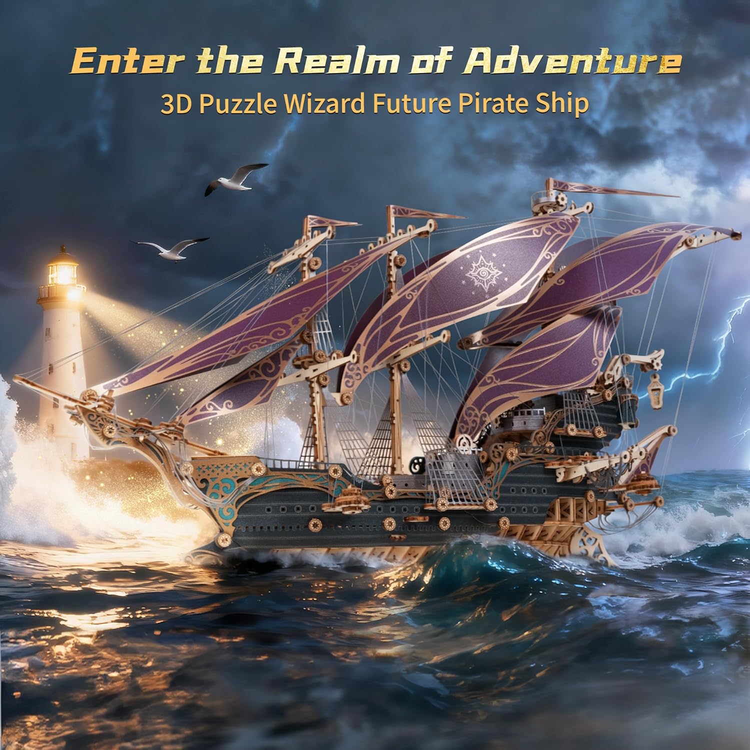 Puzzle 3D in Legno Modello di Nave Pirata Viola - immagine 2