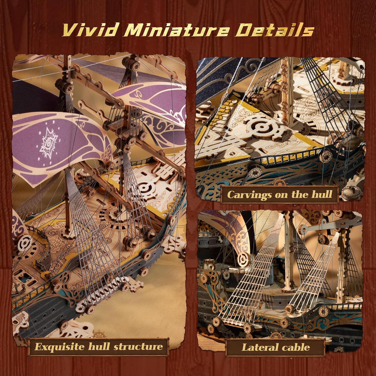 Puzzle 3D in Legno Modello di Nave Pirata Viola - immagine 3