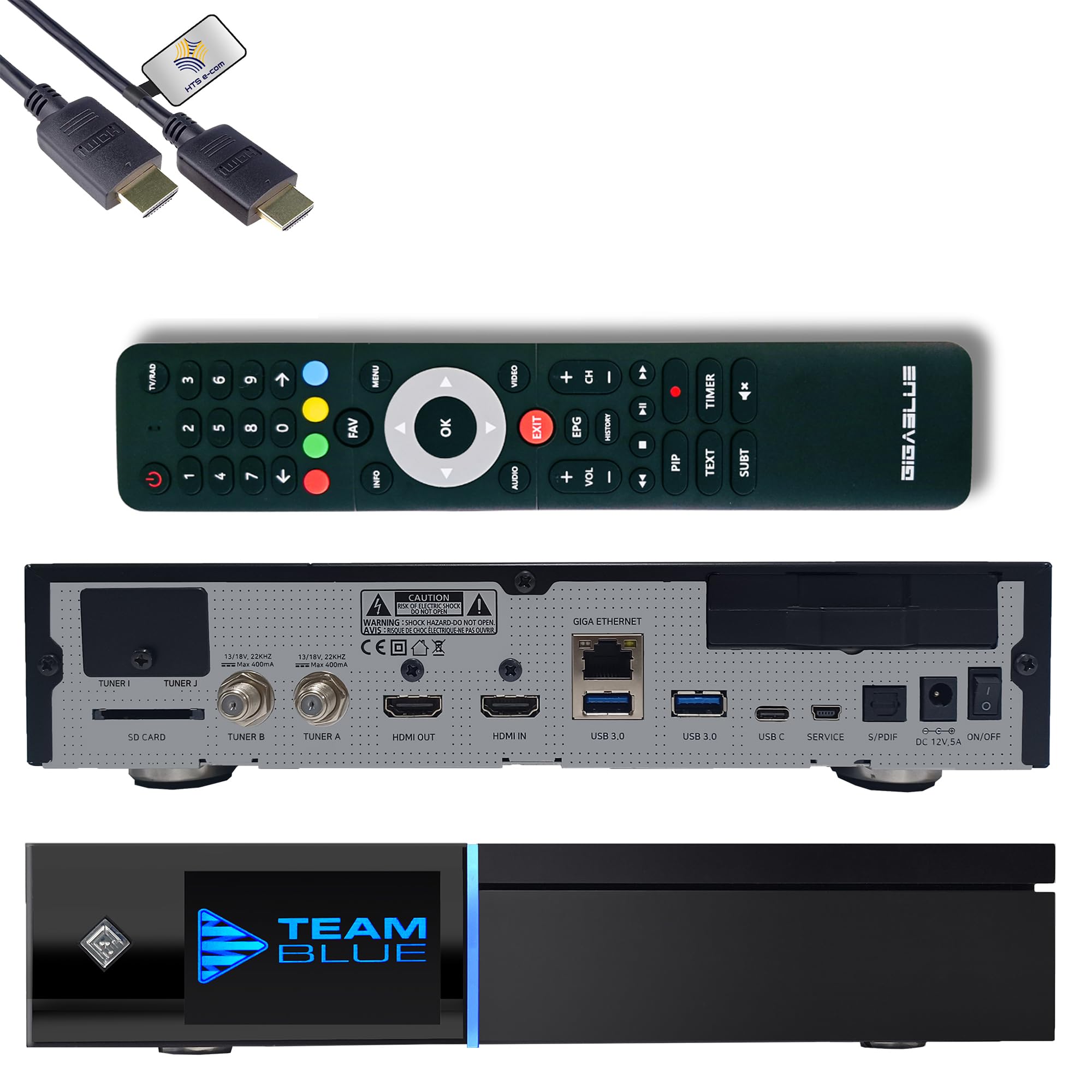 GigaBlue UHD Quad 4K Pro 2X FBC DVB-S2 Twin Sat Receiver con Dual Core CPU, E2 Linux OS, 4GB RAM, 8GB eMMC, Bluetooth 5.4, H.265, 1200Mbit WLAN, 3x USB 3.0, HTS e-com cavo HDMI