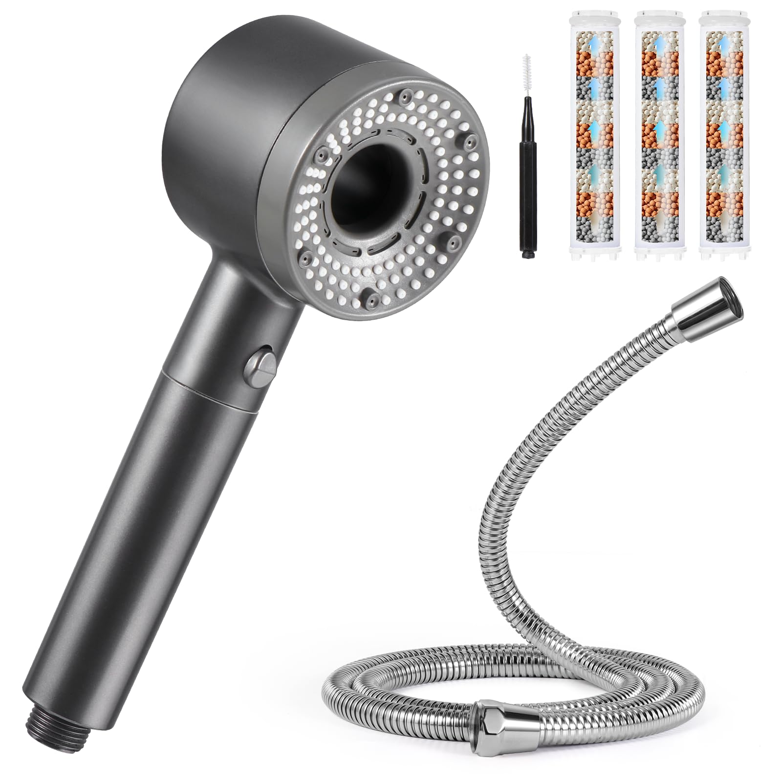 Soffione Doccia Alta Pressione con Tubo 1.5m, Grigio