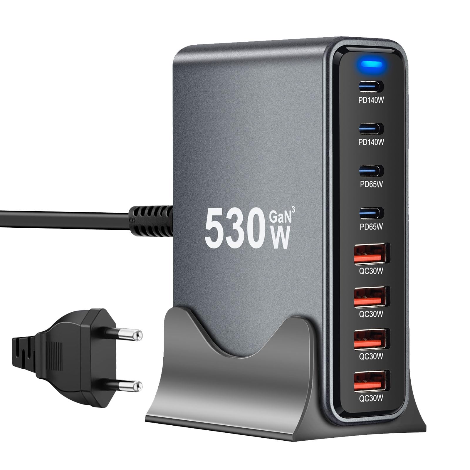 Caricatore USB C Multiuso 530W 8 Porte, Nero
