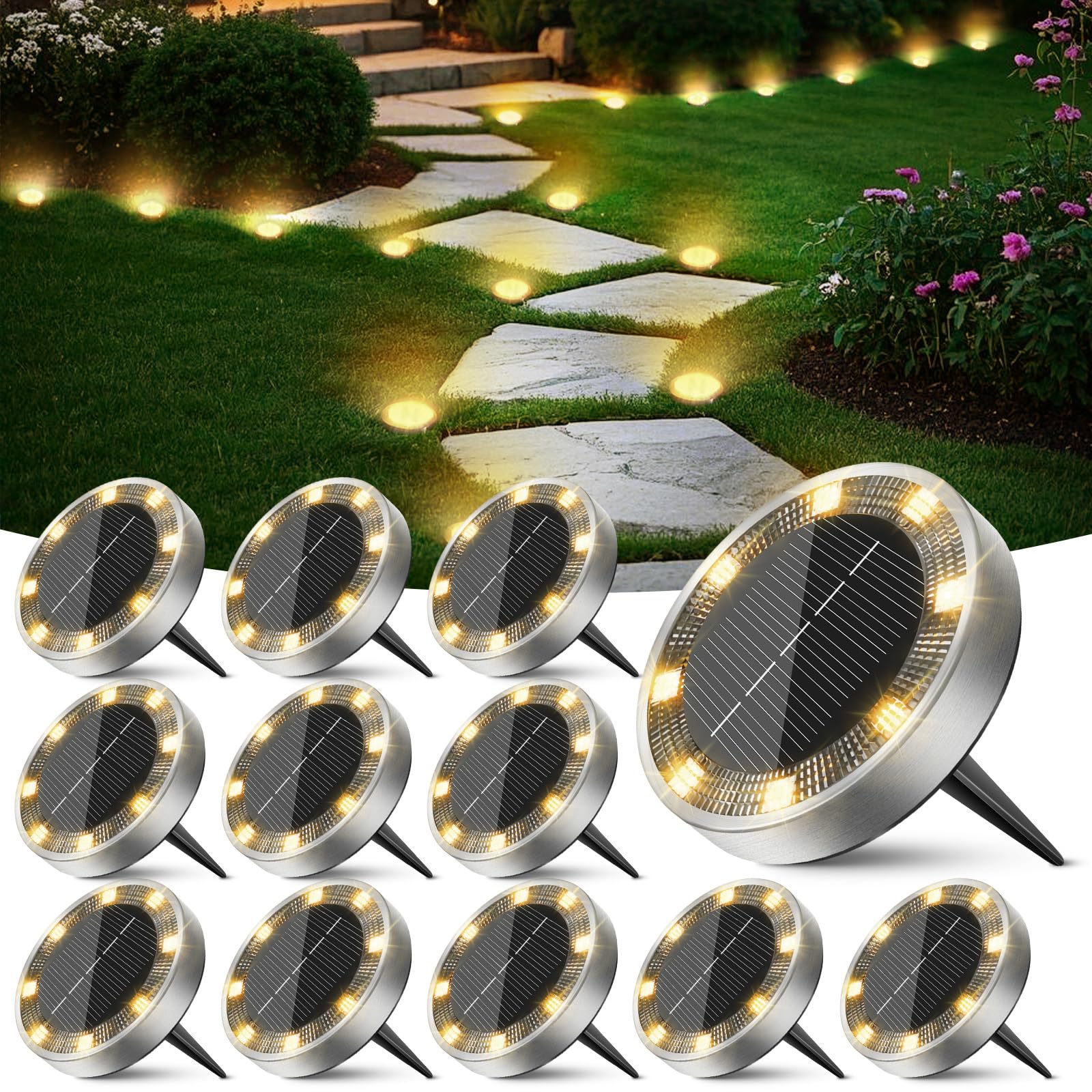 Peasur Luci Solari da Giardino 12 Pezzi 8 LED, Bianco Caldo