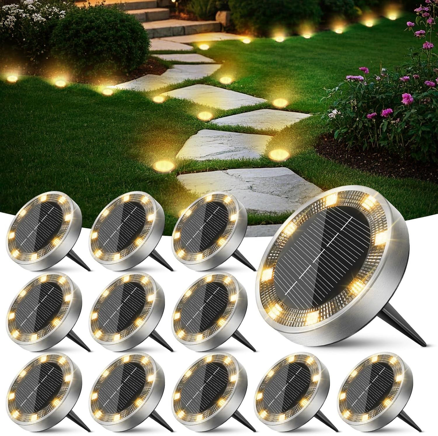 Peasur Luci Solari da Giardino 12 Pezzi 8 LED, Bianco Caldo - immagine 1