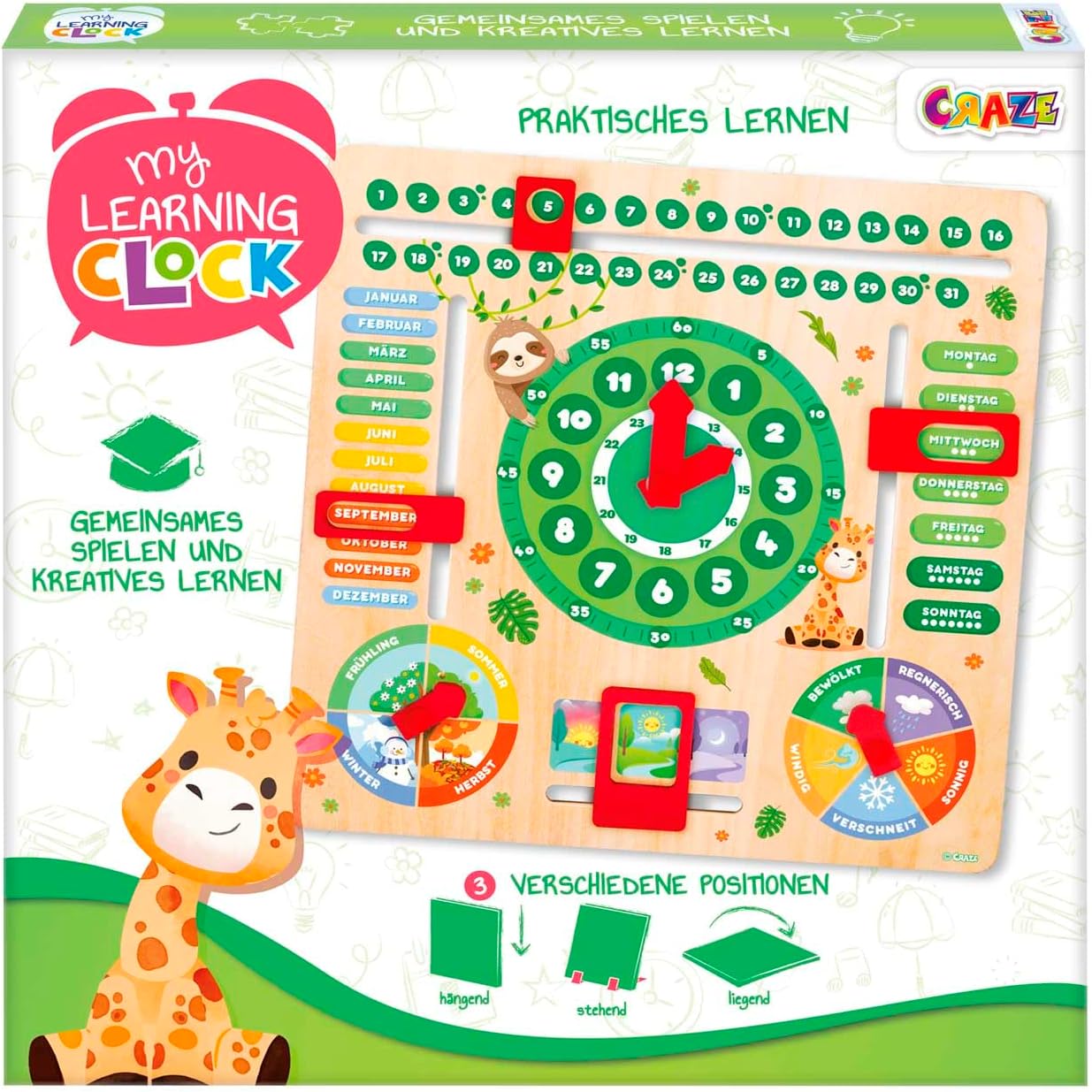 CRAZE Mon Horloge Éducative En Bois – Apprendre L’Heure, Les Jours, Les Saisons Avec Les Animaux – Dès 3 Ans