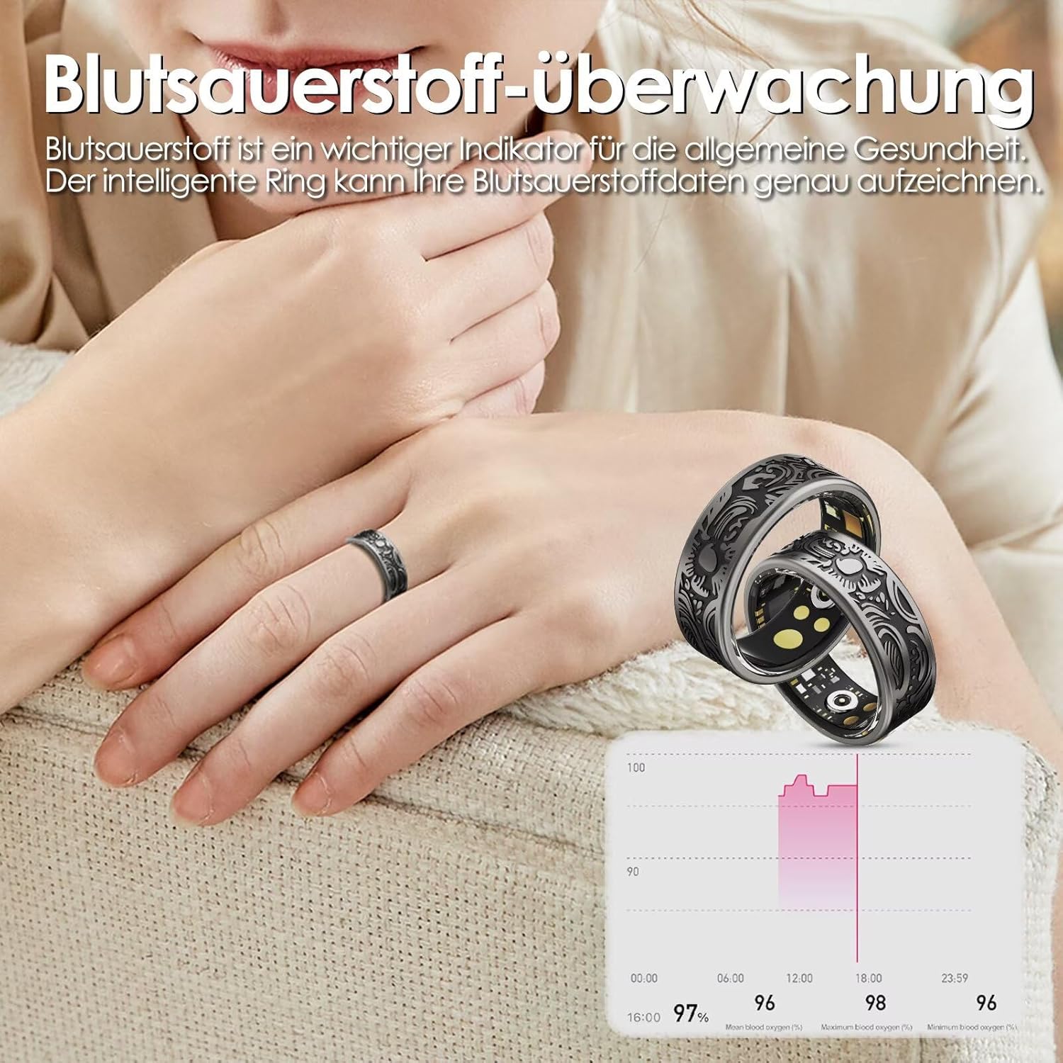 Smart Ring Android iOS Fitness Tracker per Uomo e Donna, Nero - immagine 5