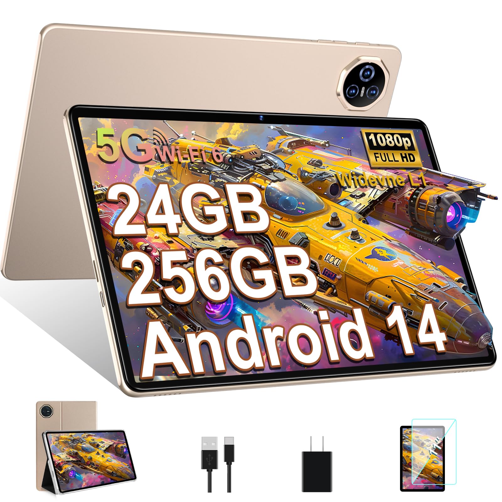 Biegedy Tablet 11 Pollici Android 14 24GB RAM+256GB ROM, Oro