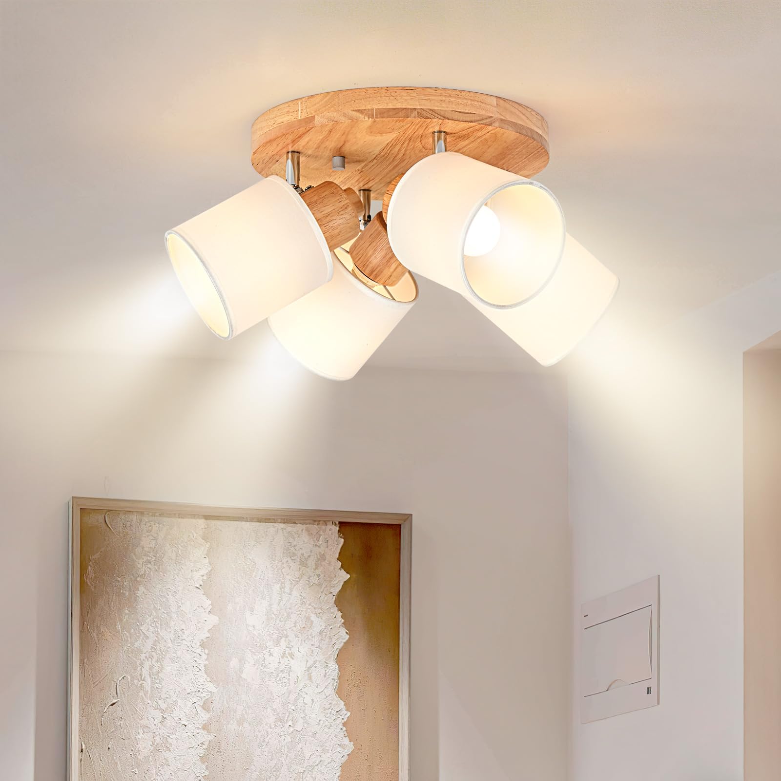 Doughelec Plafoniera 4 Faretti Rotonda Orientabili, Legno