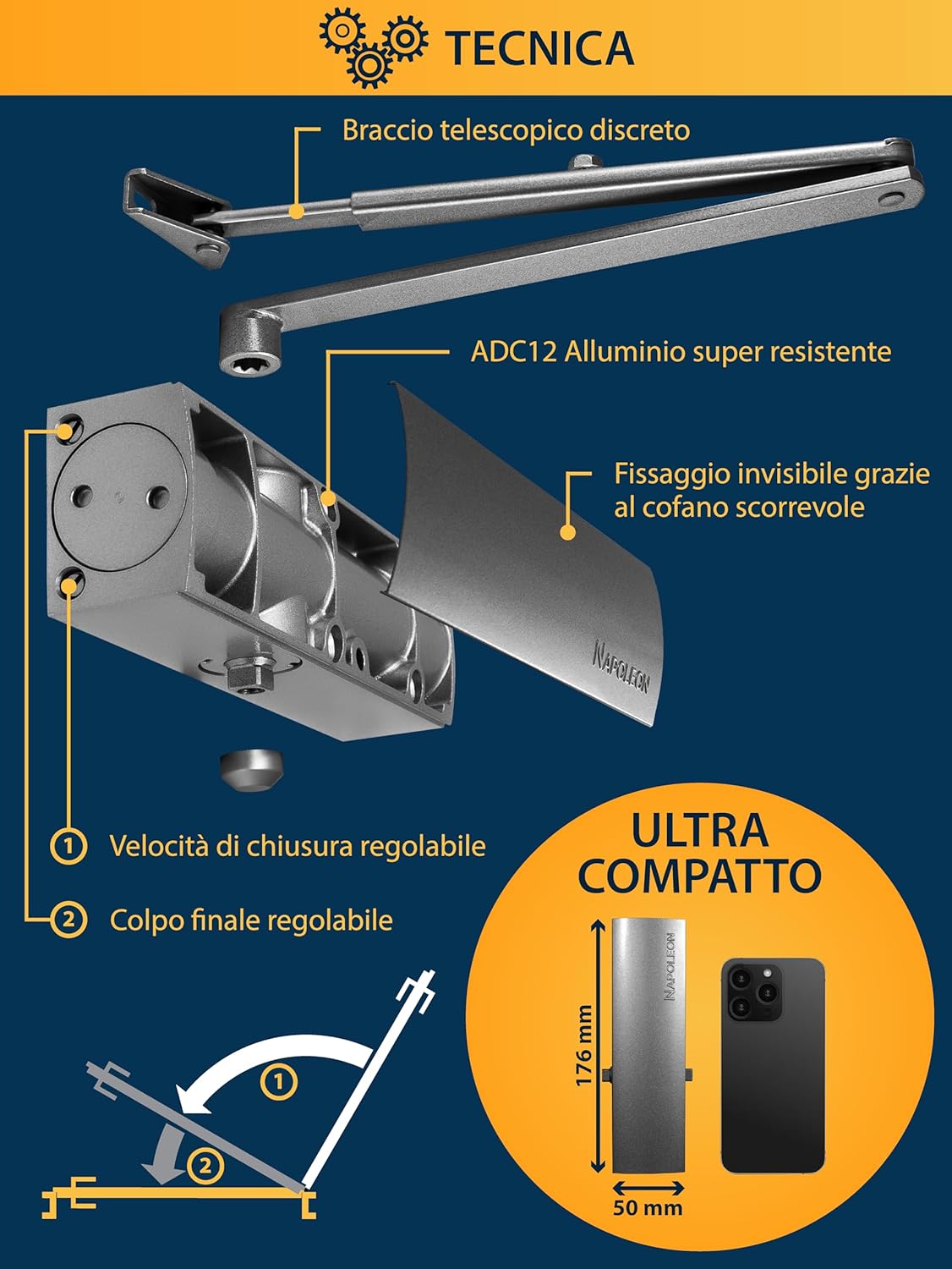 Napoleon N-1000 Chiudiporta Automatico Robusto, Argento - immagine 5