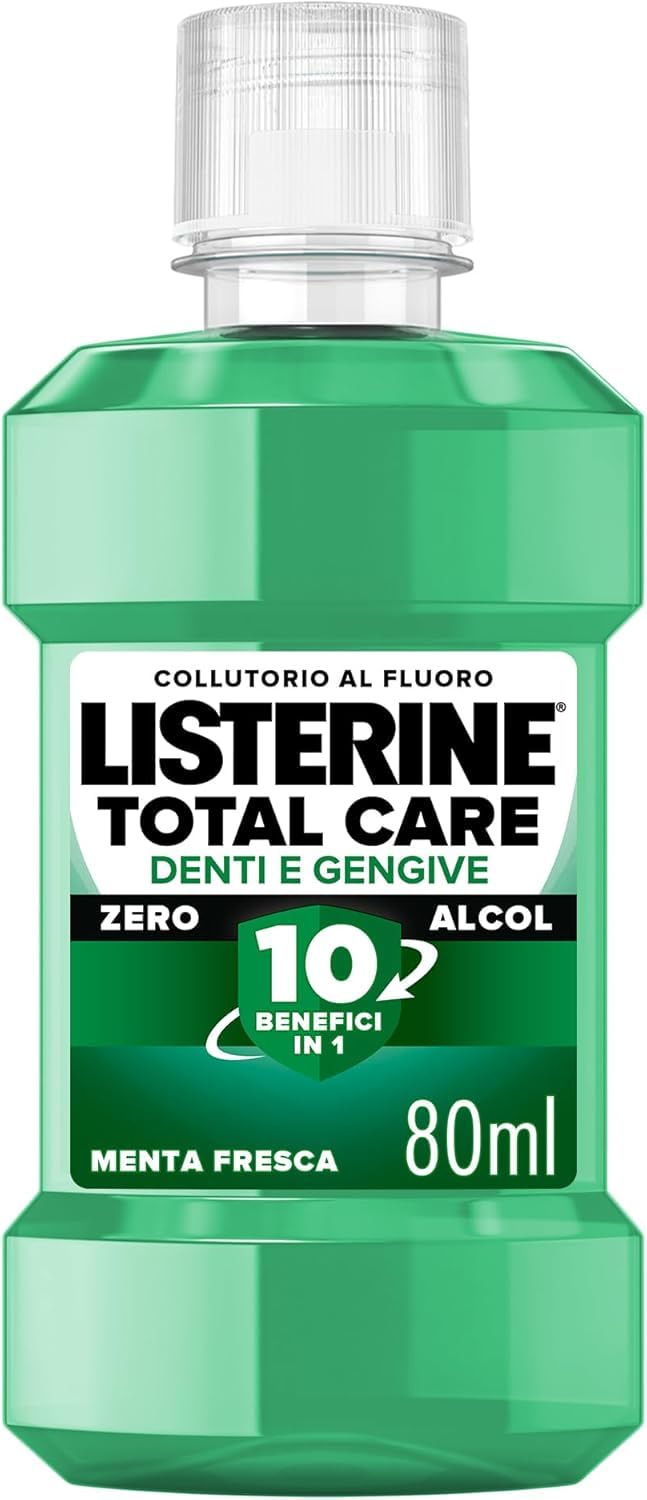 LISTERINE Collutorio Total Care Denti e Gengive Gusto Delicato 0% alcol, Collutorio da viaggio al gusto di Menta Fresca, Senza alcool e con Fluoro per denti forti e gengive sane in 2 settimane, 80 ml