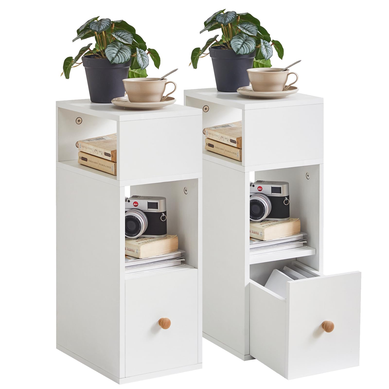 Ibuyke Set 2 Comodini Stretti Salvaspazio, Bianco