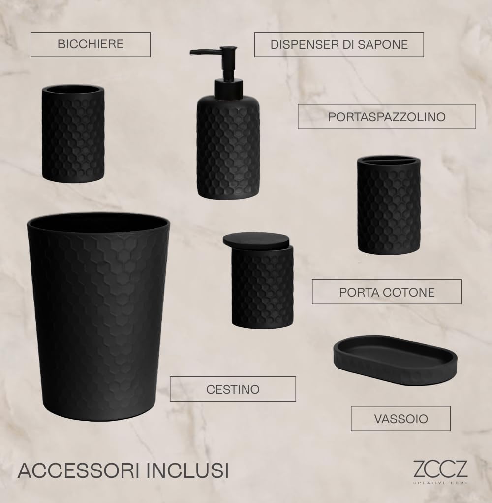 Zccz Set Accessori Bagno 6 Pezzi, Nero - immagine 3