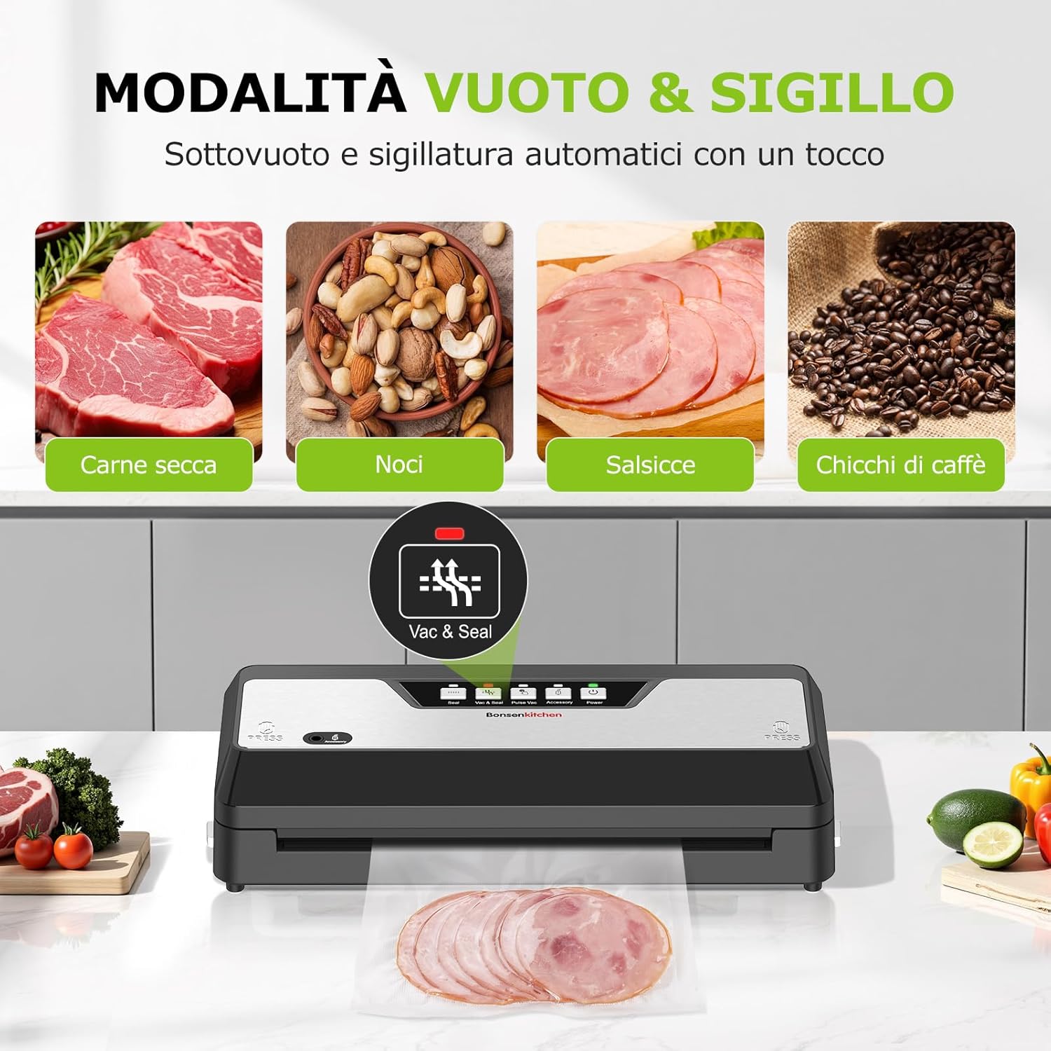 Bonsenkitchen - Macchina Sottovuoto con Taglierina Integrata, Nero - immagine 3