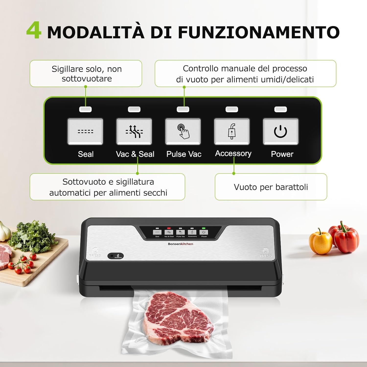 Bonsenkitchen - Macchina Sottovuoto con Taglierina Integrata, Nero - immagine 4