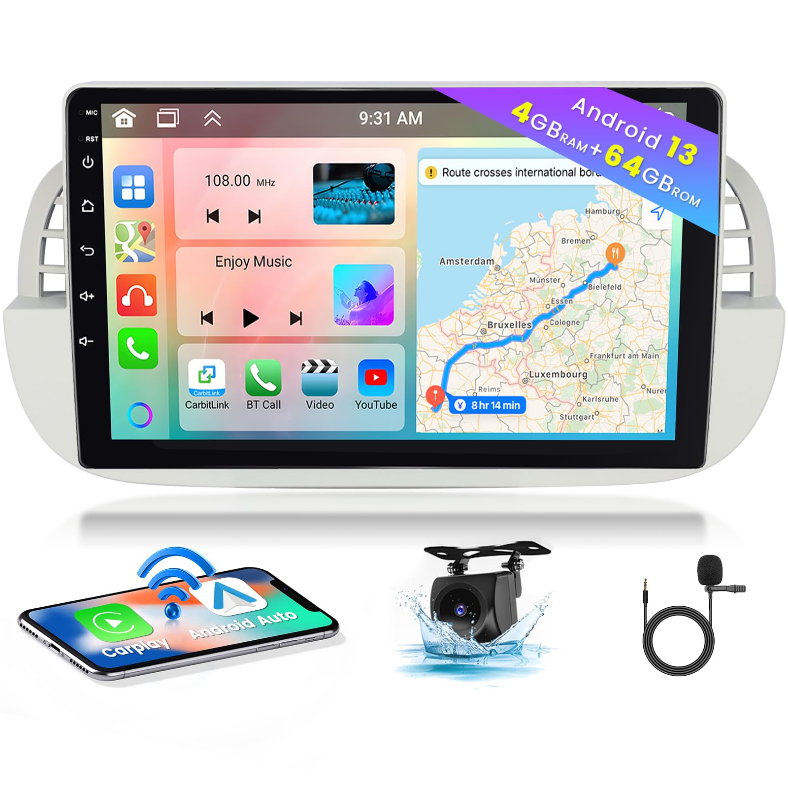 Hikity Android 13 Autoradio per Fiat 500 2007-2015, White
