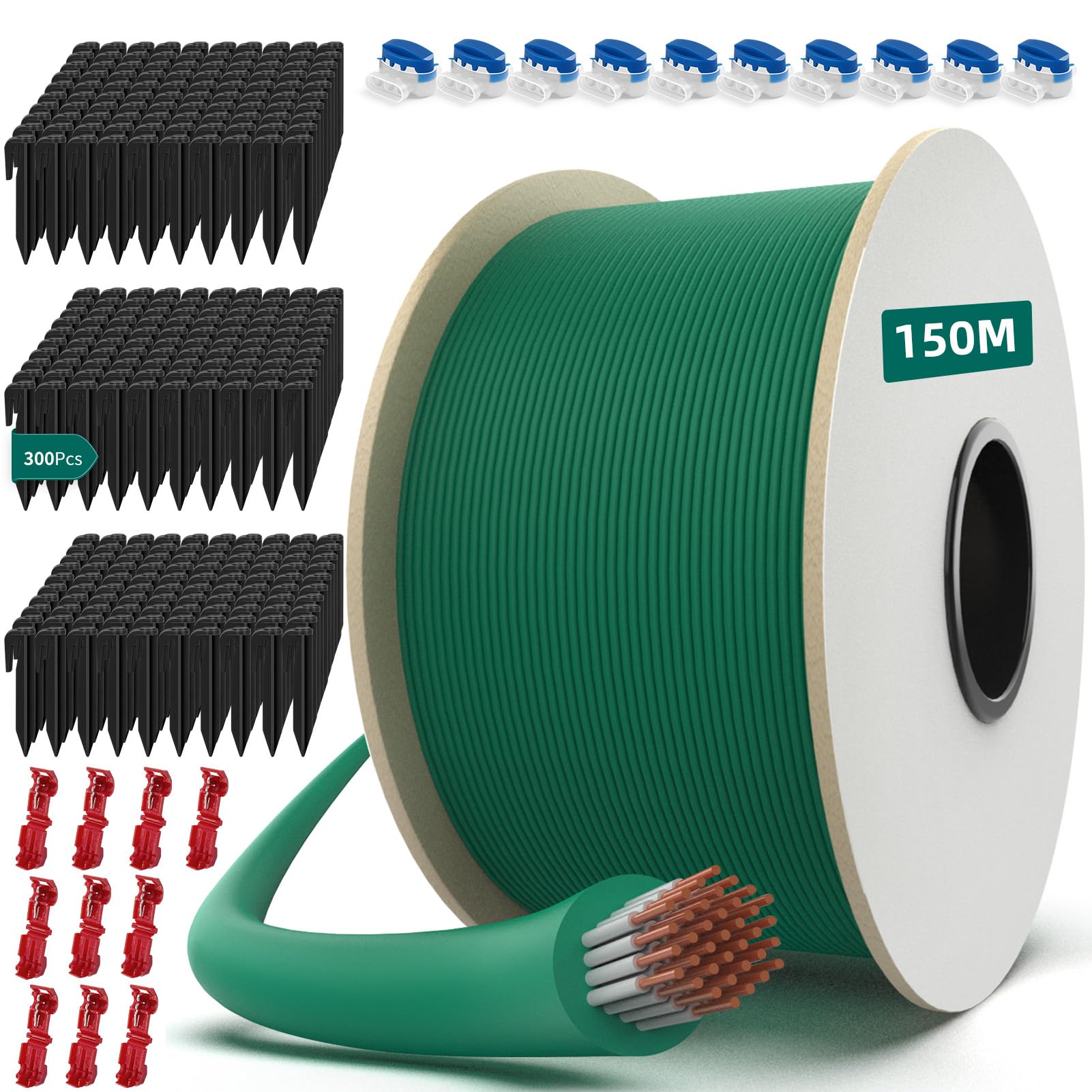 HAUSPROFI Cavo robot tosaerba 150 m + 300 picchetti + 10 connettori cavo + 10 terminali di connessione, filo robot tosaerba, cavo per robot tosaerba Worx, Gardena, Bosch, Yard Force ecc