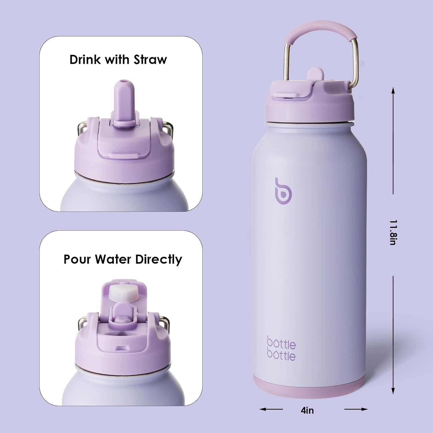 Bottle Bottle Borraccia Termica 850ml con Cannuccia, Lilla - immagine 4