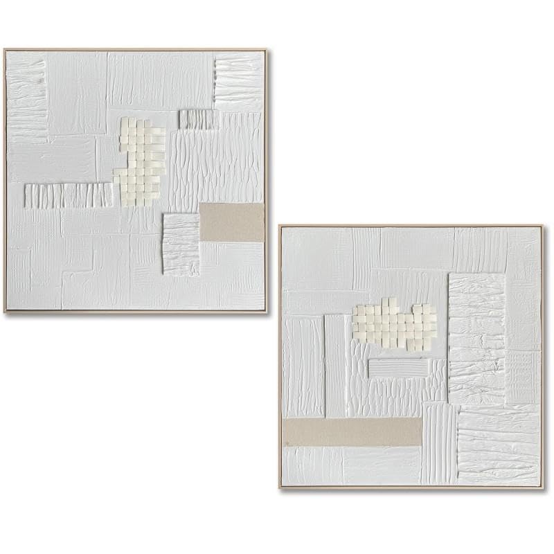 DRW Quadro tela astratta con cornice in legno naturale e bianco 82 x 82 x 4,5 cm