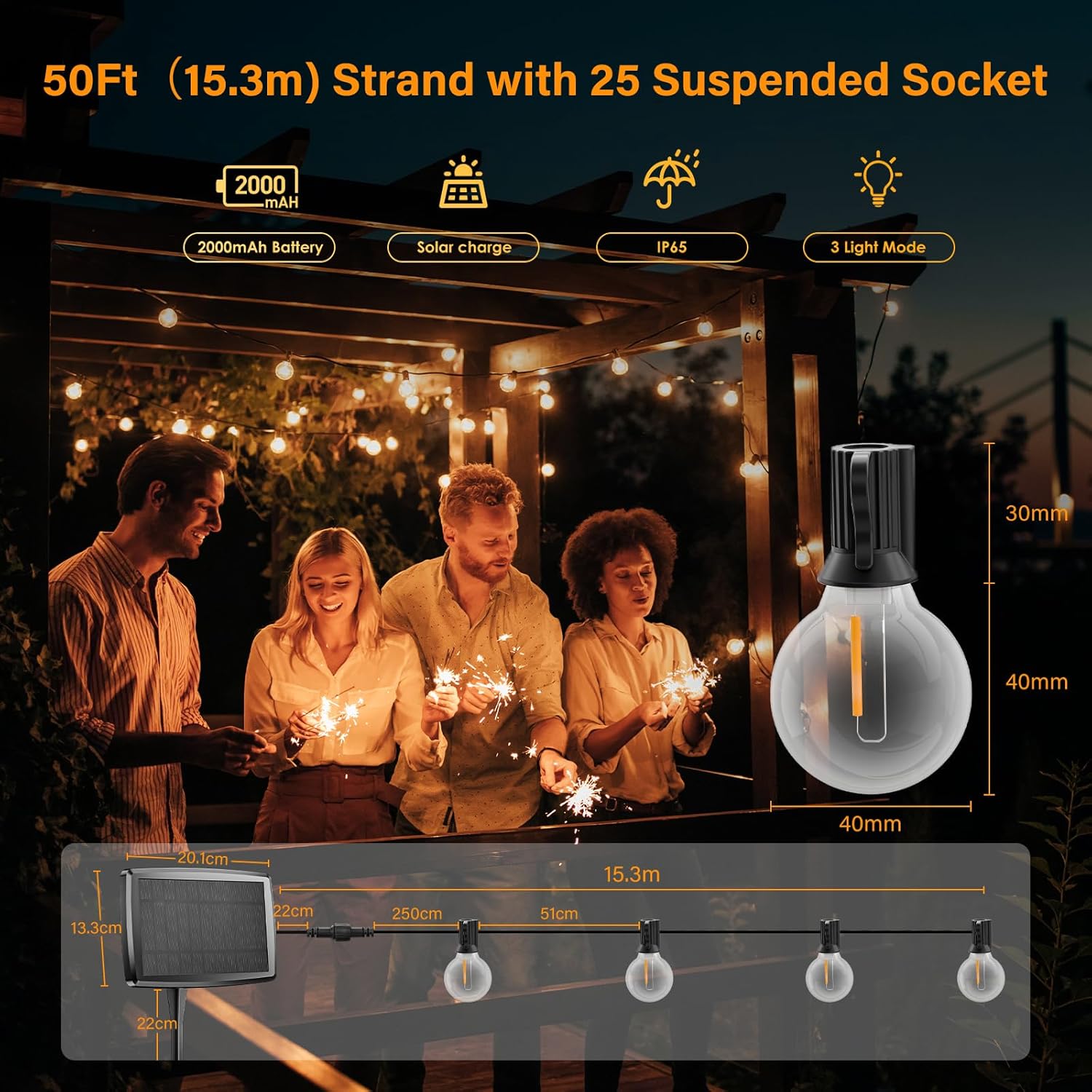 Bedee Catena Luminosa Solare Esterno 15,3m IP45 - immagine 4