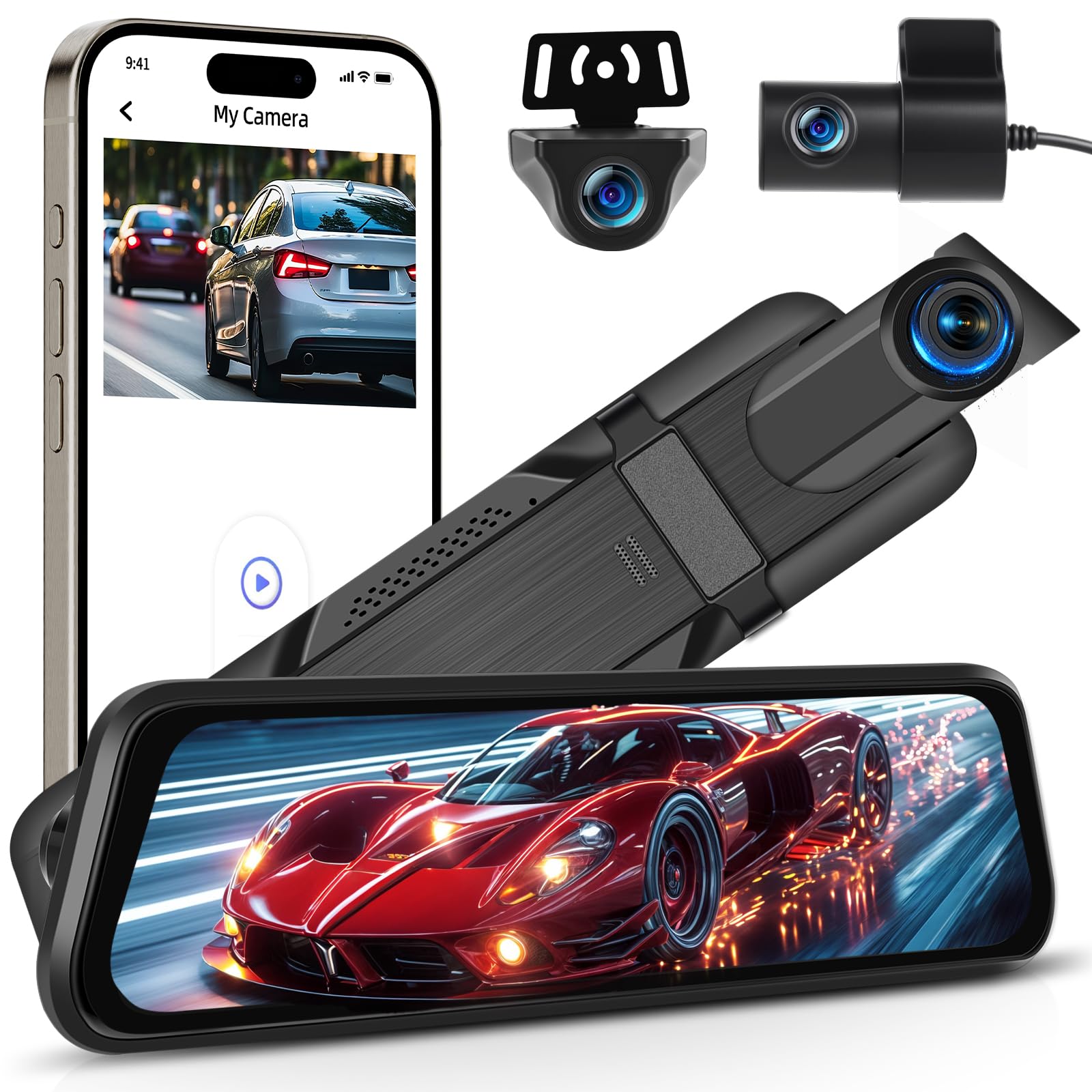 Nhopeew Dash Cam Auto 2K 3 Telecamere 9.66 pollici